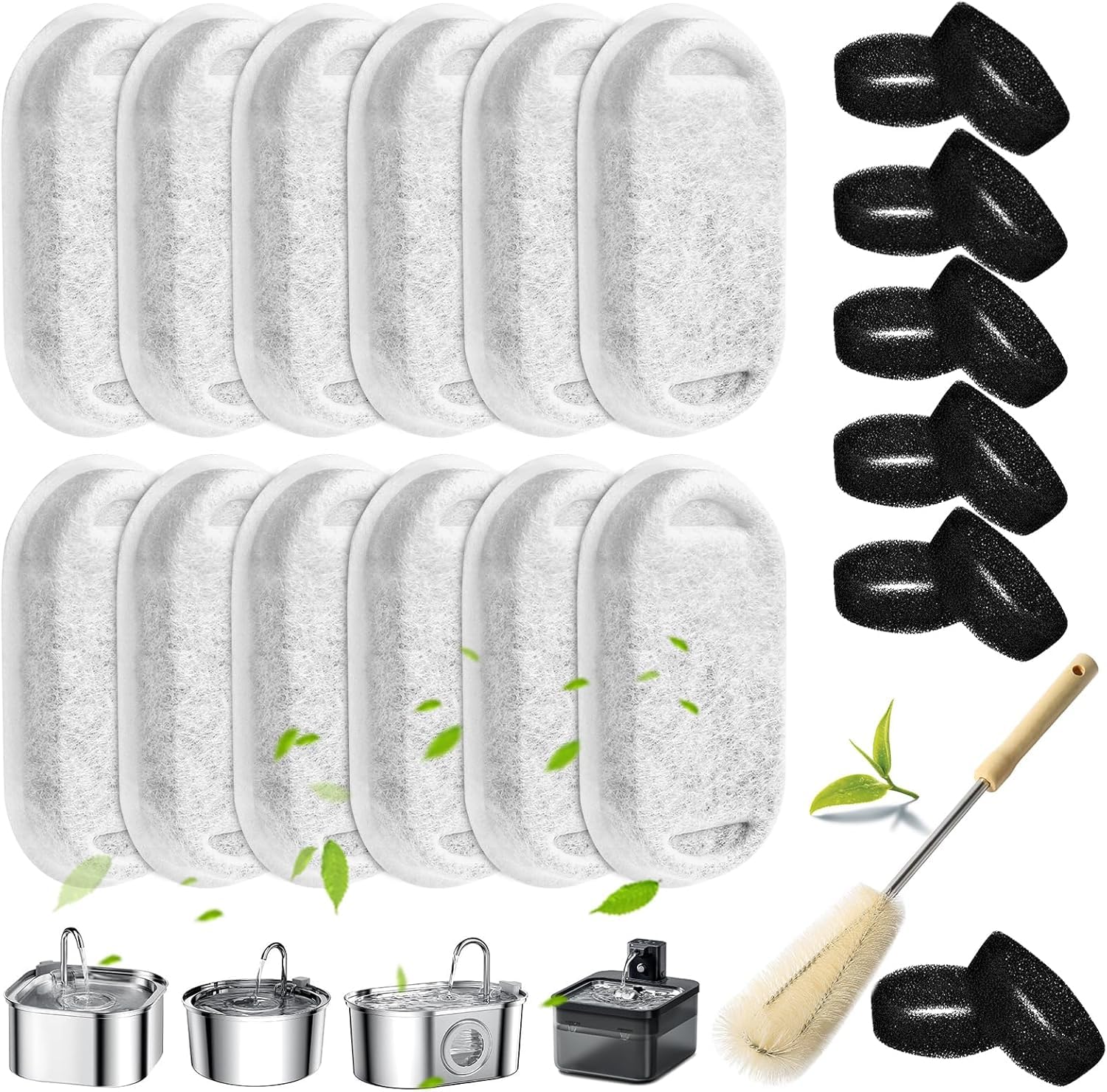 Filtros de Fuente para Gatos, 24 Piezas Filtros Fuente Gatos, 12 Filtros de Carbón Activo + 12 Esponjas de Espuma para 3,2 L Fuentes de Acero Inoxidable, Filtro Fuente para Gatos de Triple Filtración