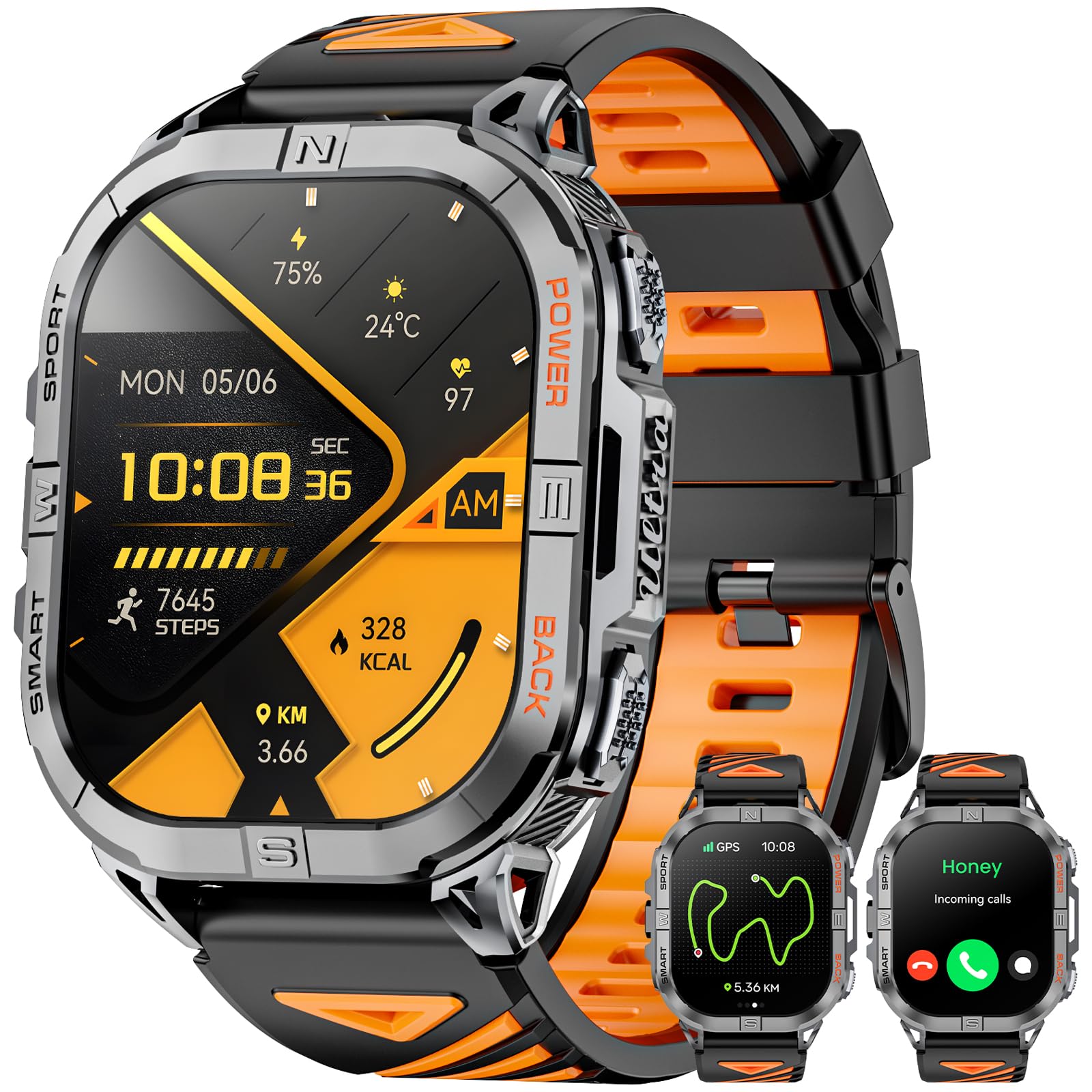 GPS Smartwatch Uomo, 2,13" AMOLED Militare Orologio con LED Torcia, Bussola,100+ Modalità Sportive, Monitoraggio della Salute, Chiamate Bluetooth per Android iOS