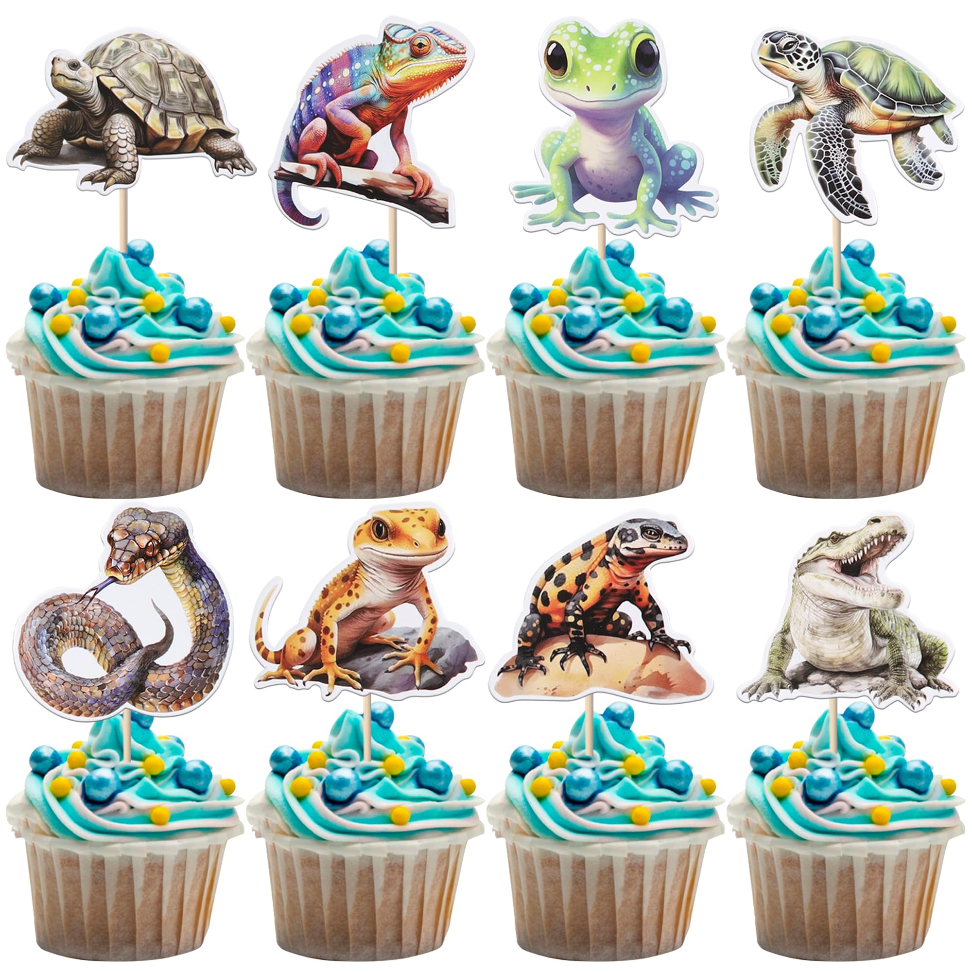 Rsstarxi 40 Pack Cupcake Toppers Crocodile Snake Lizard Turtle Cupcake Picks Decorations for Kids Birthday Reptile Party Cake Decorations