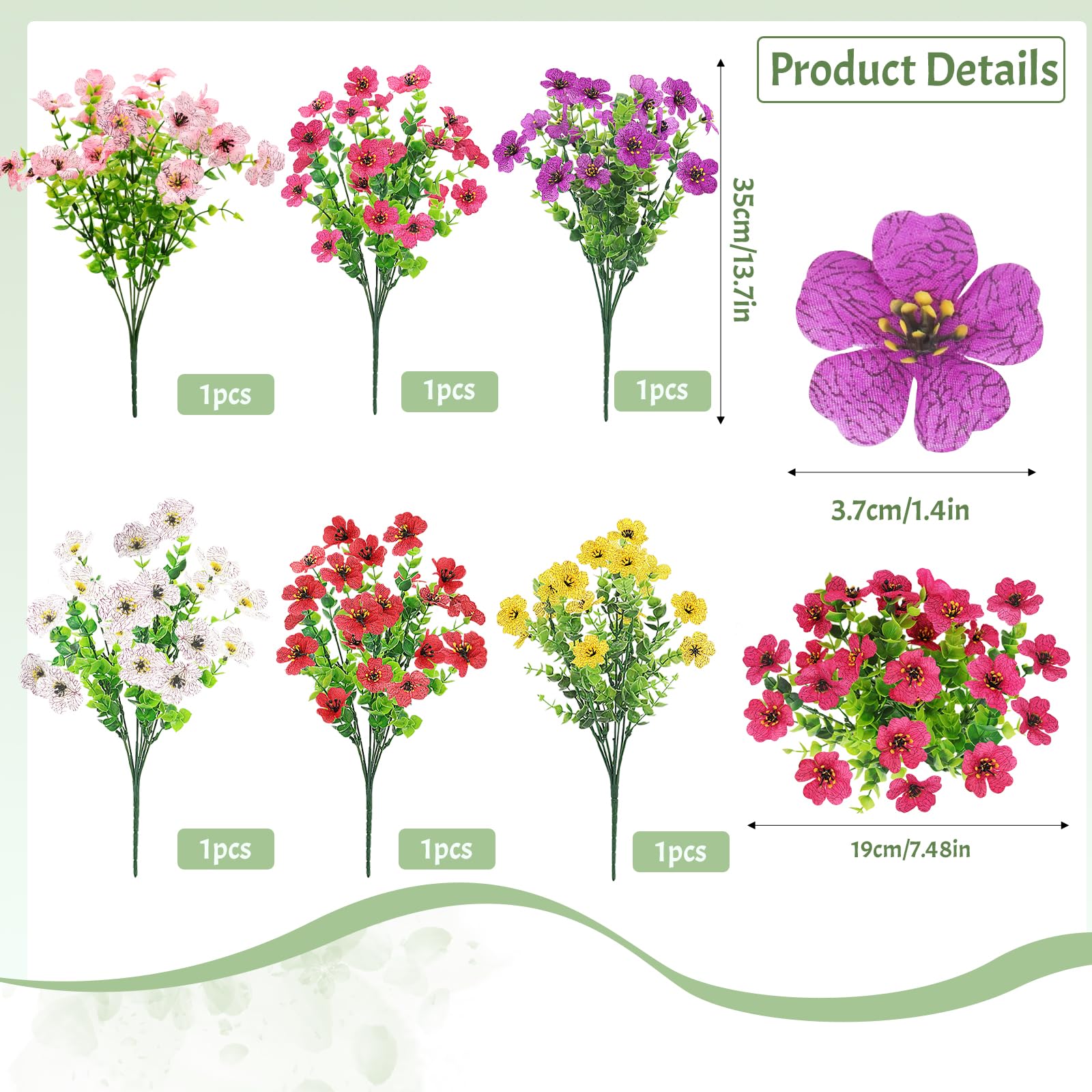 Epaing 6 Bundles of 6 Colours Artificial Flowers Outdoor No Fade Fake Flowers UV Resistant Faux Plants for Garden Home Fence Hanging Baskets Purple Yellow Red Rosered White and Pink Plastic Flower - Image 2