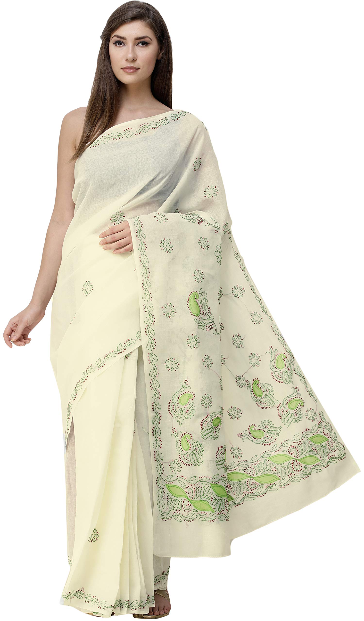 Exotic India Cream Sari from Lucknow with Chikan Hand-Embroidered Flowers and Applique Work