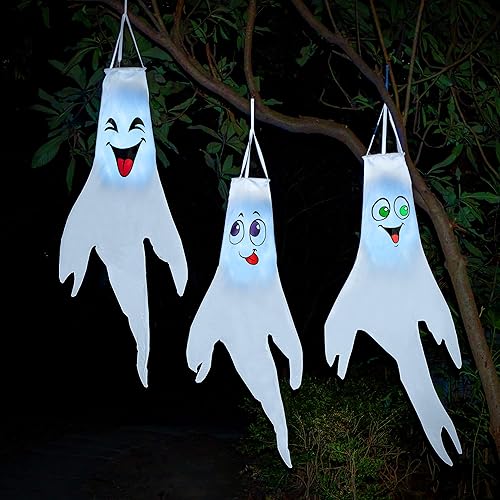 Miniatura 8 de JOYIN 3 unidades de bandera de fantasma iluminada de 47 pulgadas, decoración de Halloween, luces LED para exteriores, calcetines de viento colgantes