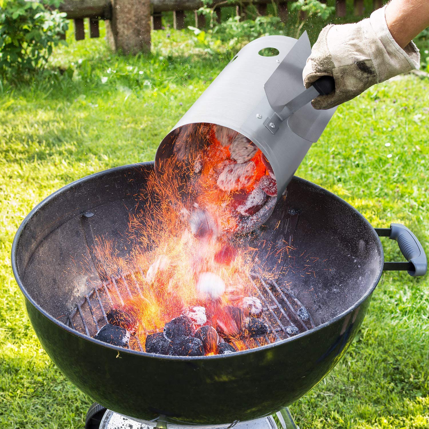 BEAU JARDIN Allume-Charbon BBQ Cheminée d'Allumage 28 x 18 cm Argent Poignée de Sécurité