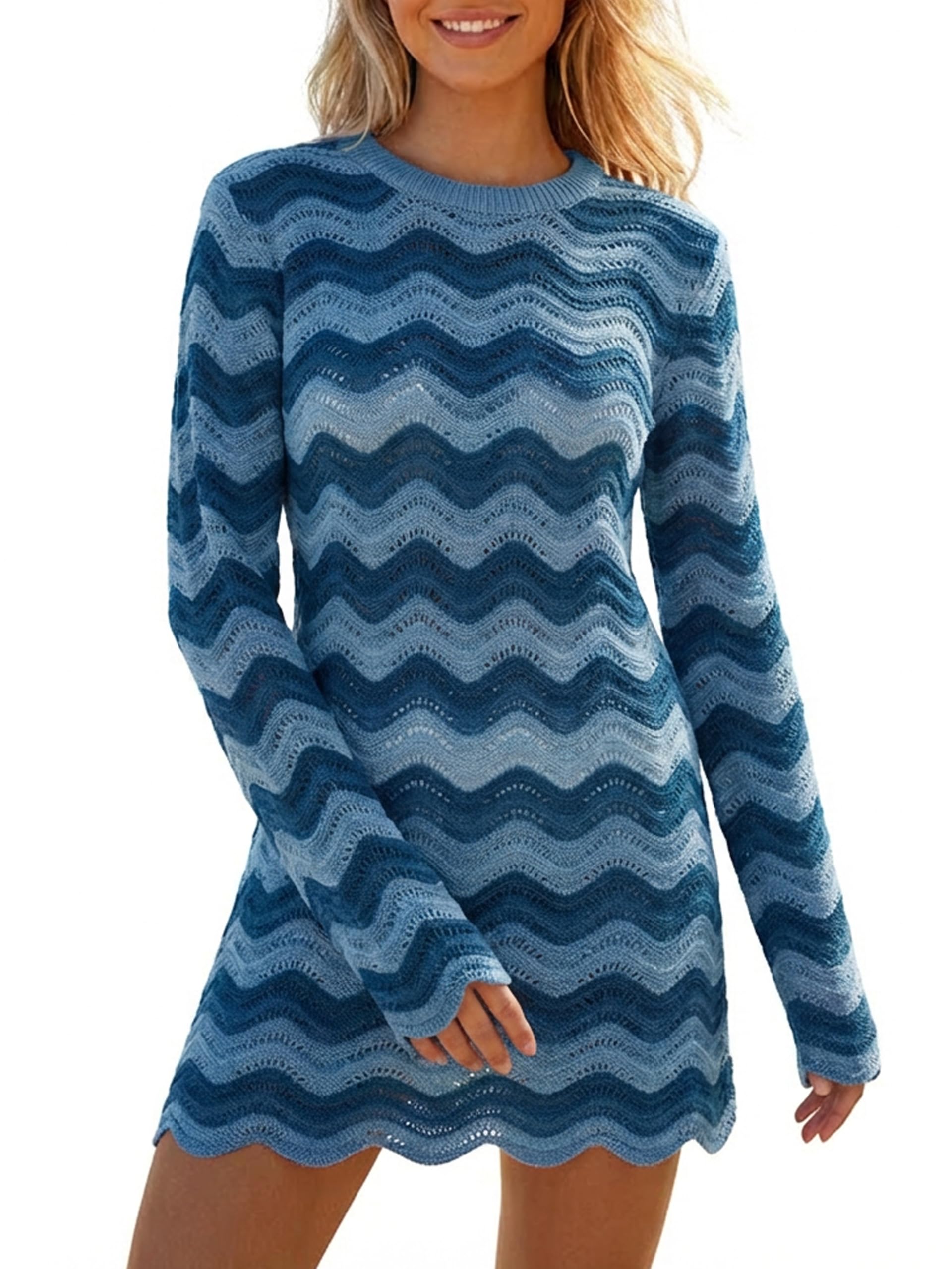 Womens Crochet Colorful Mesh Summer Long Sleeve Cover Ups Casual Striped Beach Wear Knit Mini Dresses