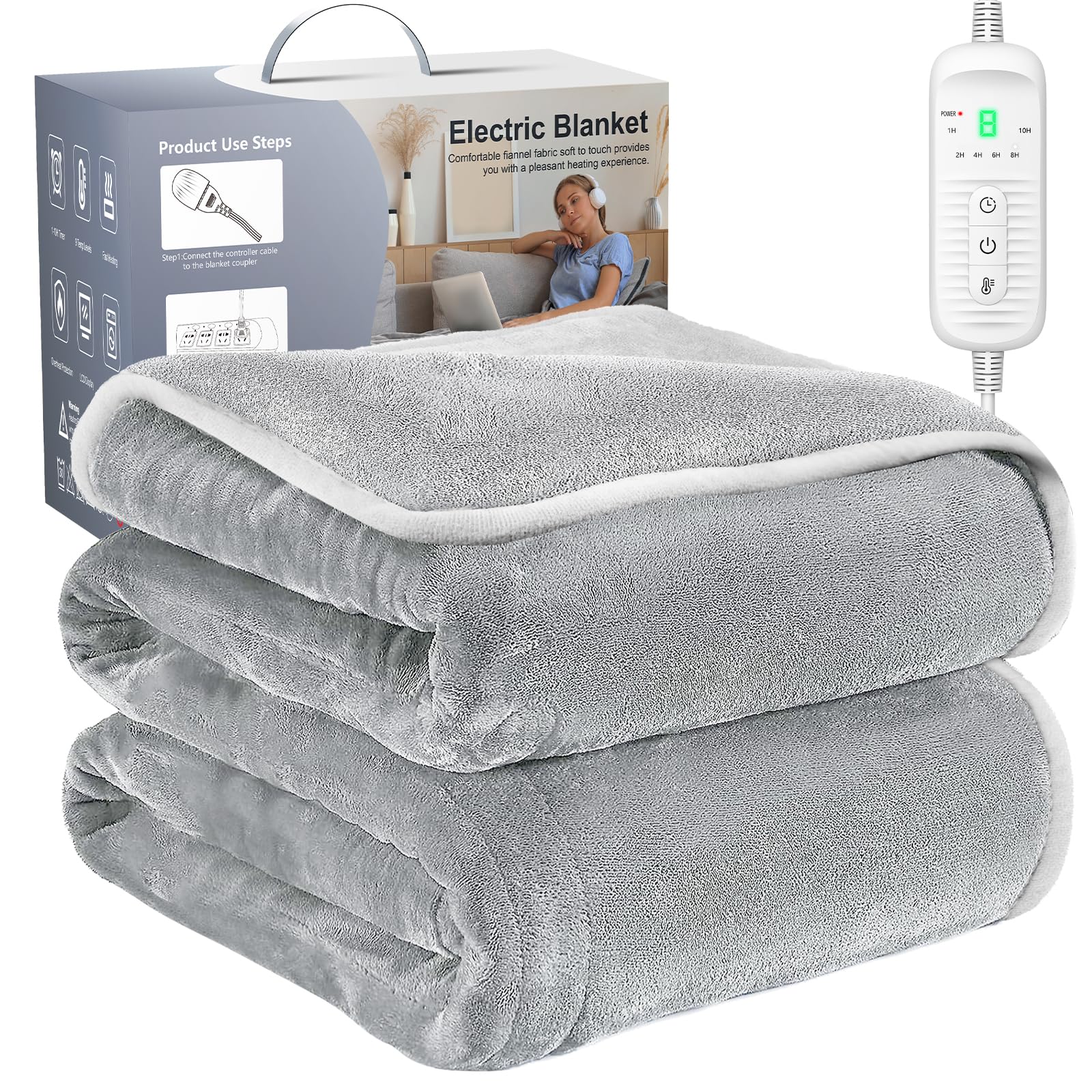 Coperte Elettriche-Coperta Termica Matrimoniale 130 x 180 Cm Coperta Riscaldante Elettrica Matrimoniale Timer 1-10h,Regolazione Della Temperatura A 9 Velocità La Termocoperta Elettrica