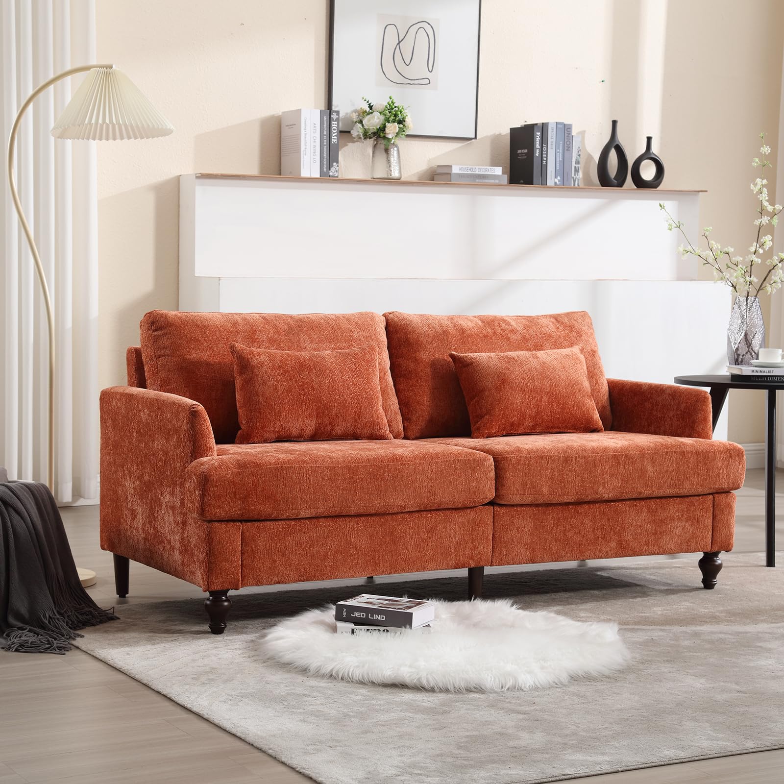 JOYBASE 70 inch Loveseat Sofa, Mid-Century Modern Love Seat Couch with Wood Legs, Upholstered Comfy Sofa for Living Room, Apartment, Office, Bedroom (Orange, Chenille)