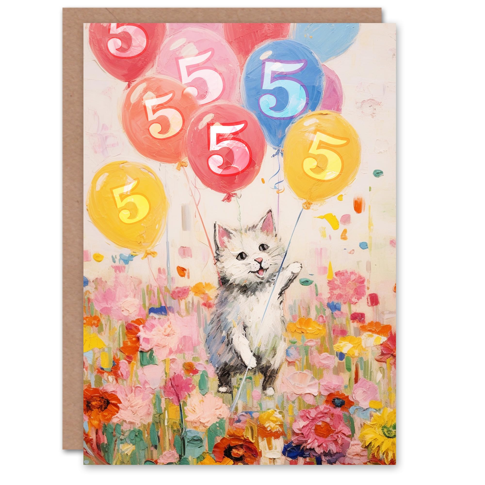 Artery8 5th Birthday Greeting Card Flowers Kitty Cat Balloons Kids Age 5 Year Old Child