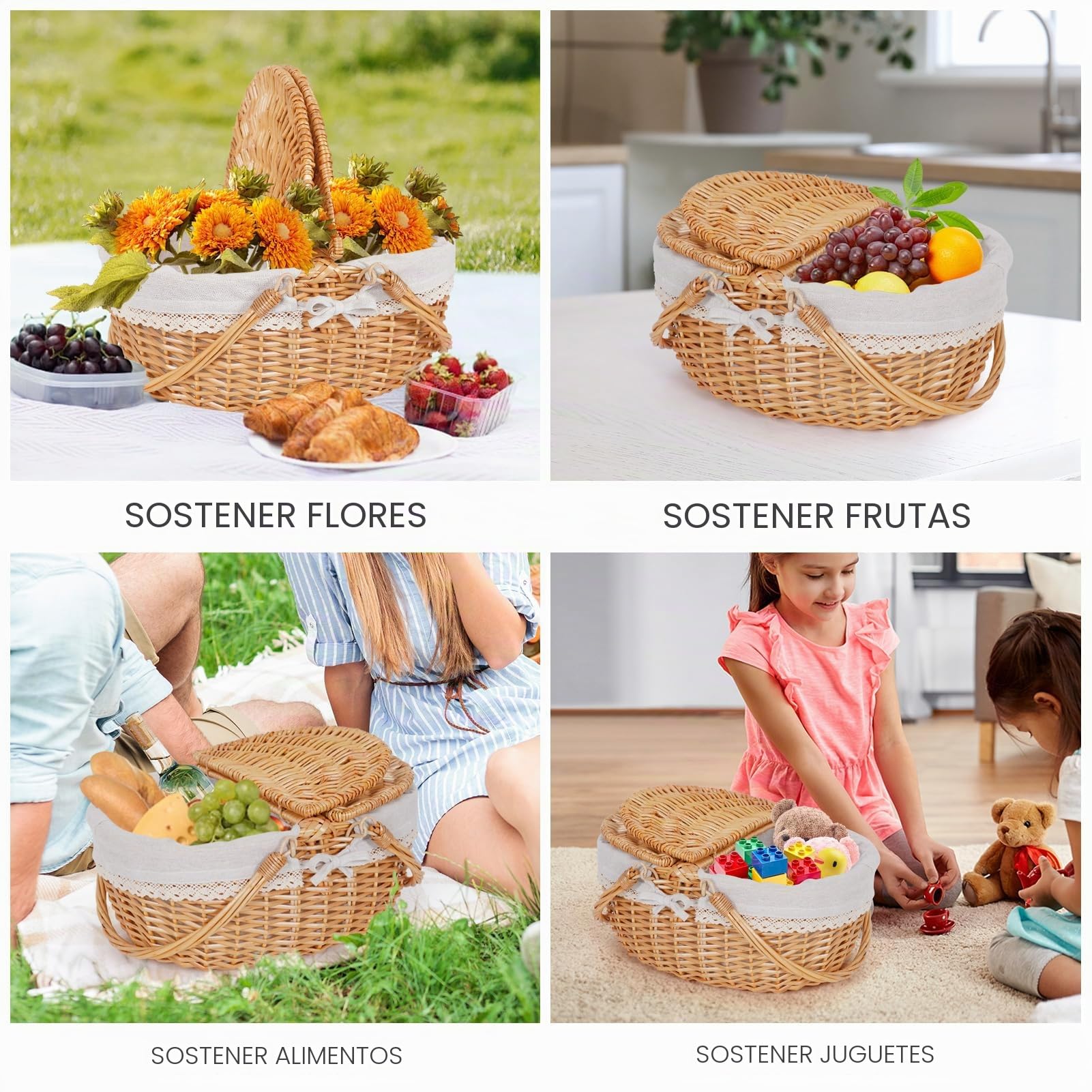 Happypicnic Cesta de picnic de mimbre con asa, cesta de picnic vacía grande de 15 pulgadas con tapa y forro extraíble, cesta vintage tejida a mano para picnics, camping, recogida de verduras, día de