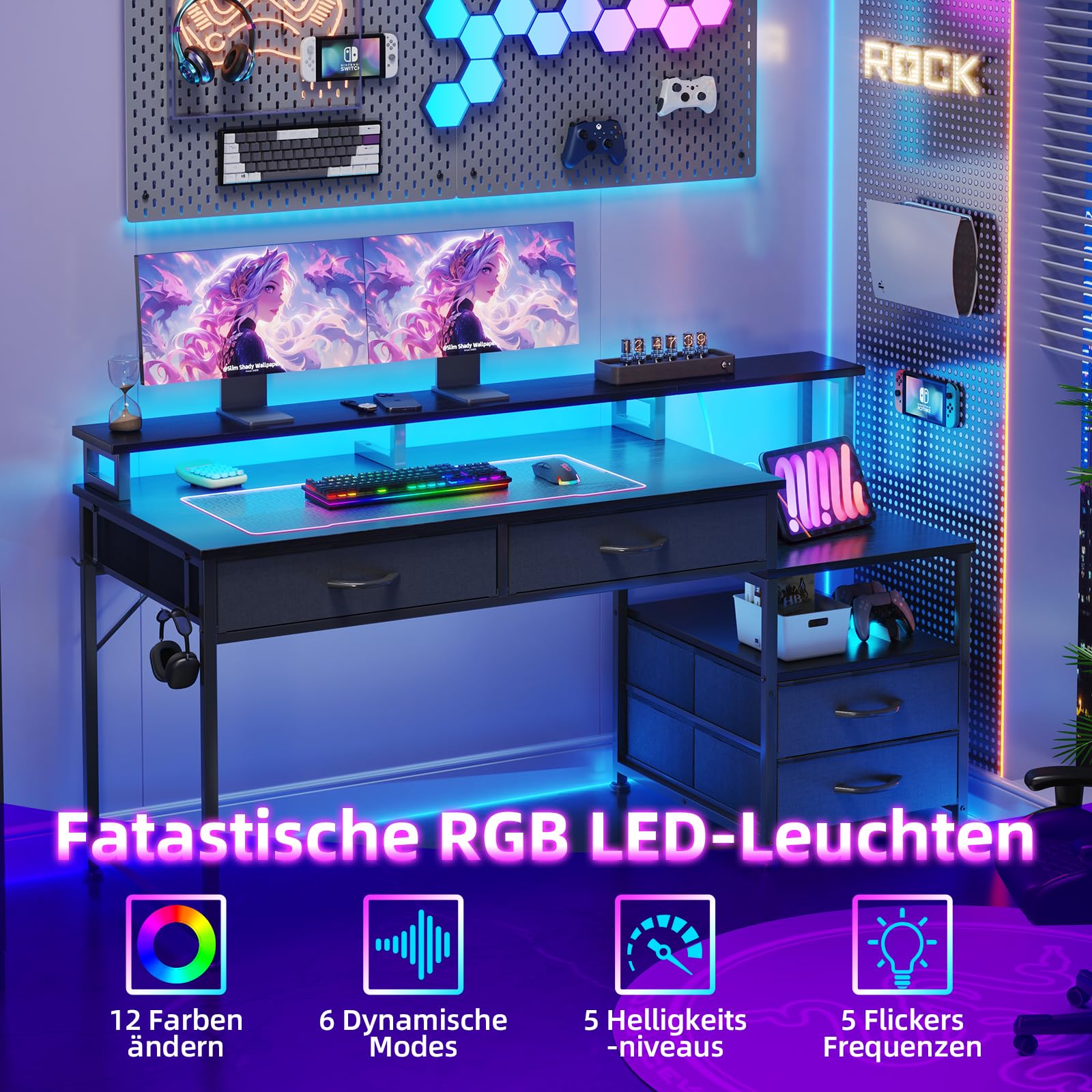 CAIYUN Computerschreibtisch mit 4 Schubladen & integrierten Steckdosen - Reversibler Schreibtisch für Home-Office, Gaming-Tisch mit Monitor- & Druckeraufsatz, LED-Licht fürs Schlafzimmer (Schwarz)