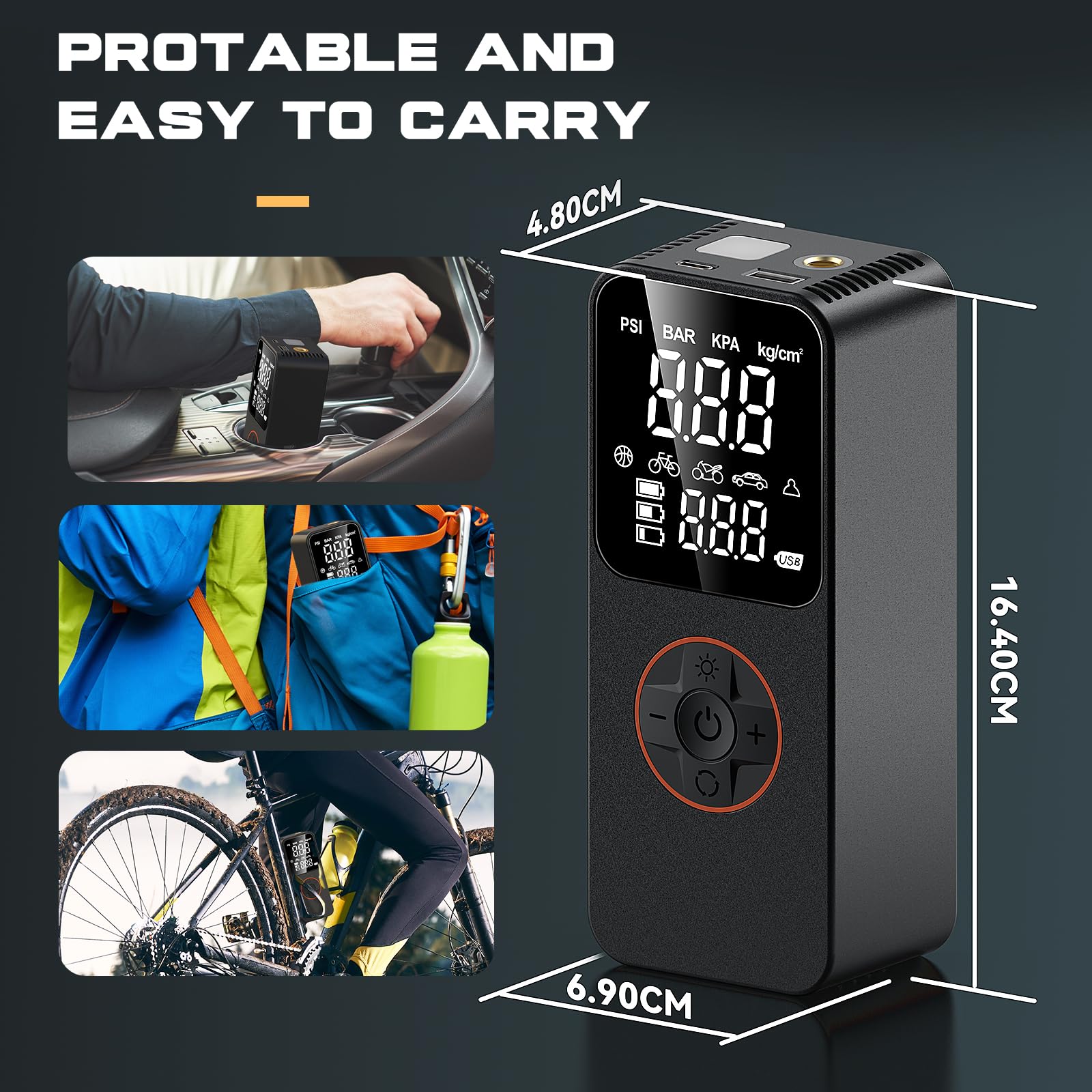 Compressore Aria Portatile, 150 PSI (10,3Bar) Mini Compressore Portatile con Arresto Automatico & LED, Inflazione Rapida, Batteria 6000mAh, USB-C, Gonfiatore Elettrico per Auto/Moto/Bici/Palla, Nero
