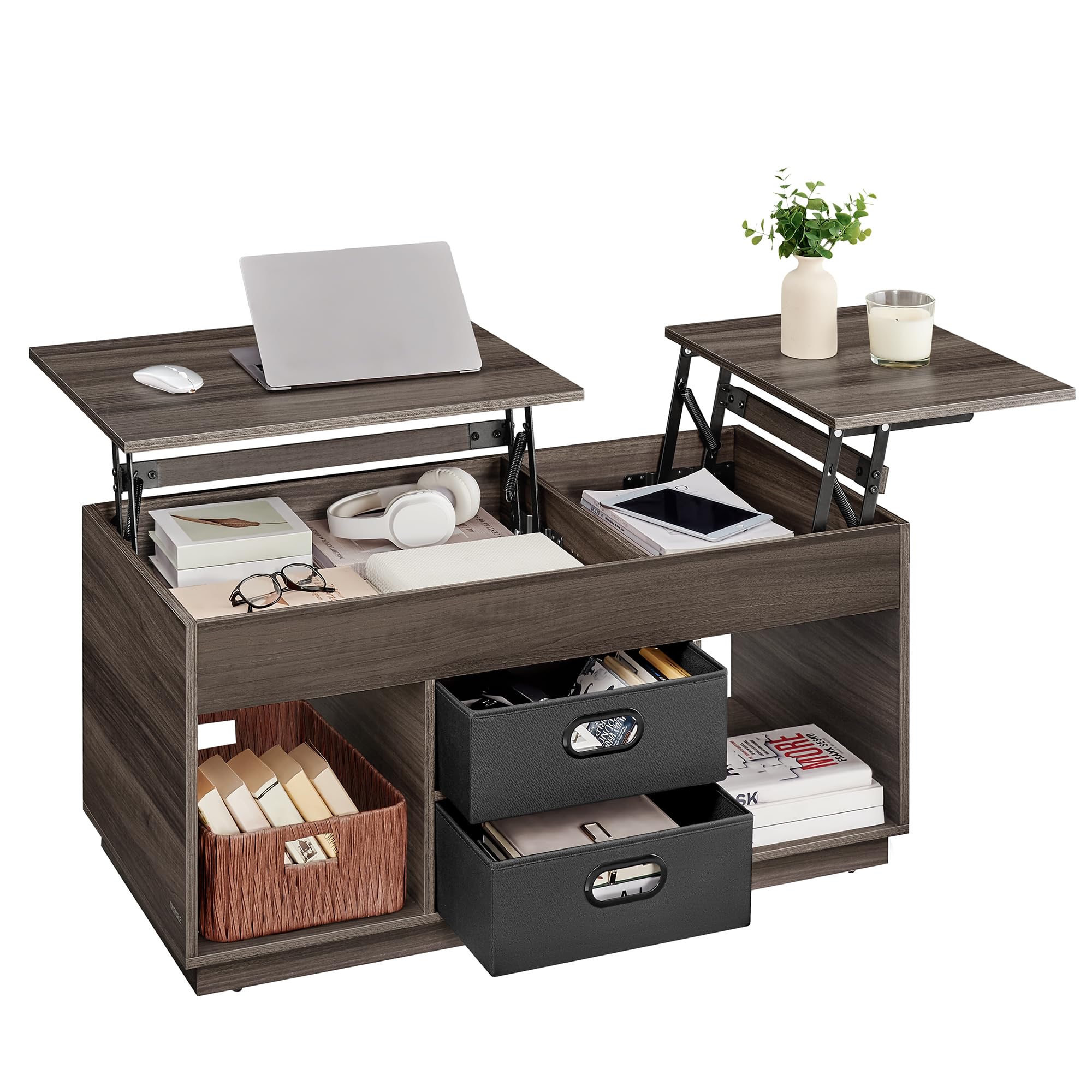 VASAGLE Couchtisch, höhenverstellbarer Wohnzimmertisch, 2 Schubladen und versteckte Fächer, Kaffeetisch, offene Fächer, für Wohnzimmer, Homeoffice, aschbraun LCT210K02