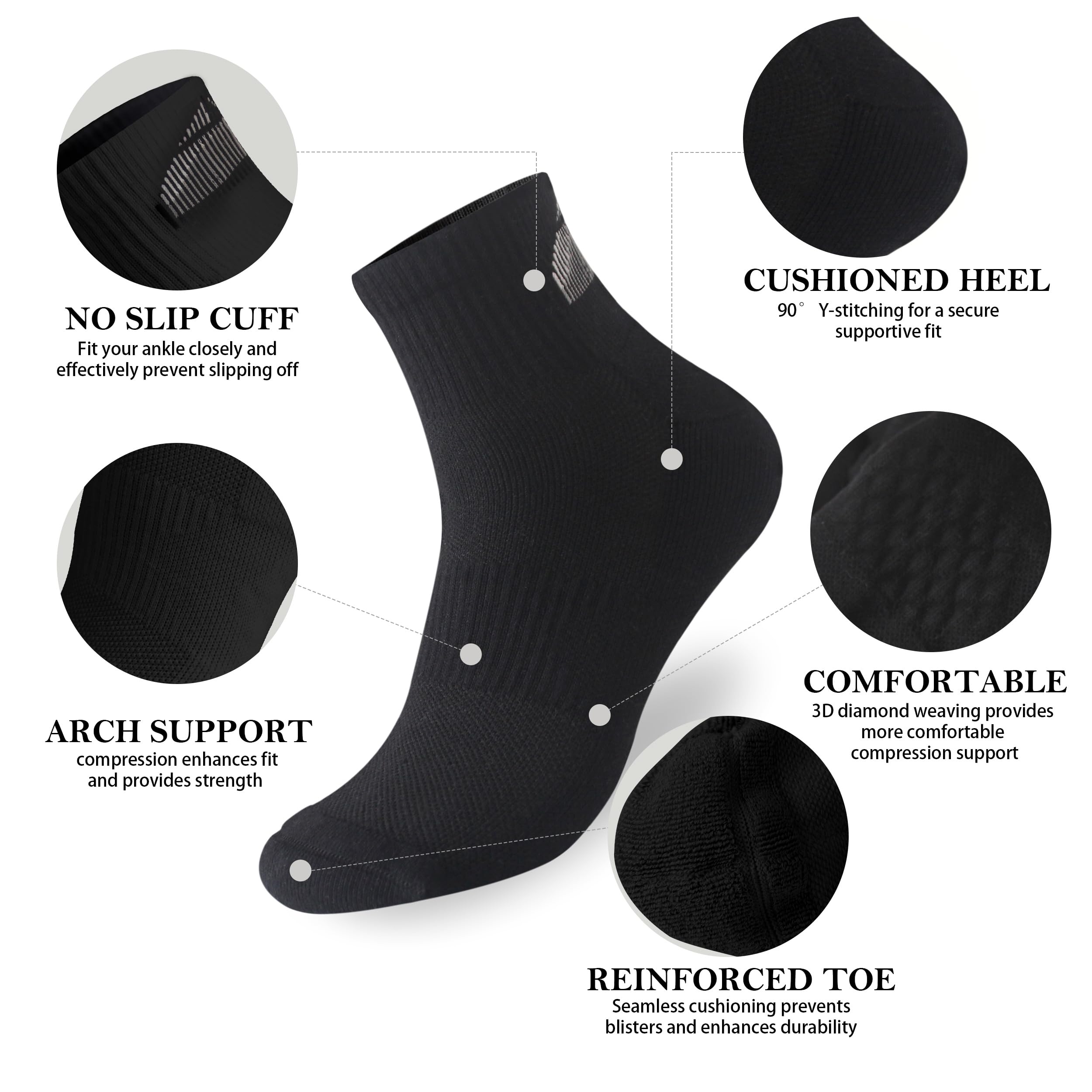 Wildarms Men's 6-Pack Running Socks - Cotton Ankle Socks with Arch Support, Cushioned & Breathable for Sports & Hiking (US, Numeric, 10, 13, Regular, Regular, 6, Black6)