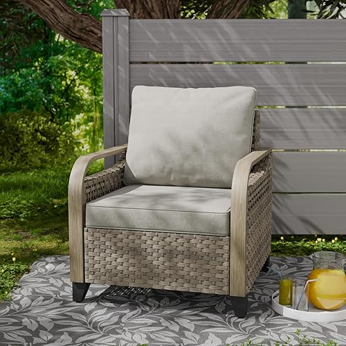 Miniatura 5 de COOS BAY Silla moderna de mimbre para patio con cojines, silla de comedor de ratán con reposabrazos curvos, asiento al aire libre de ratán de