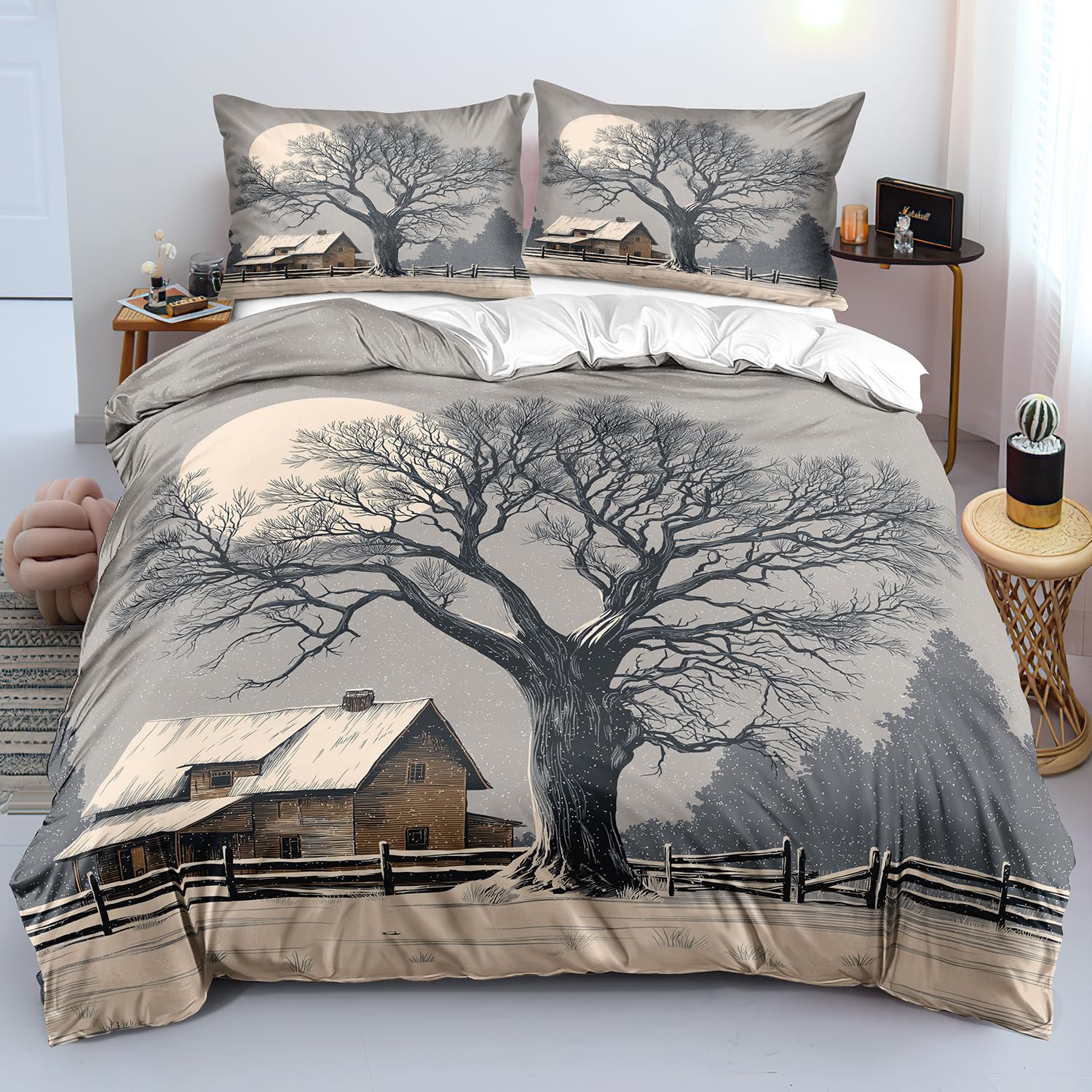 Parure de lit de Noël haut de gamme 260x240 motif arbres d'hiver gris