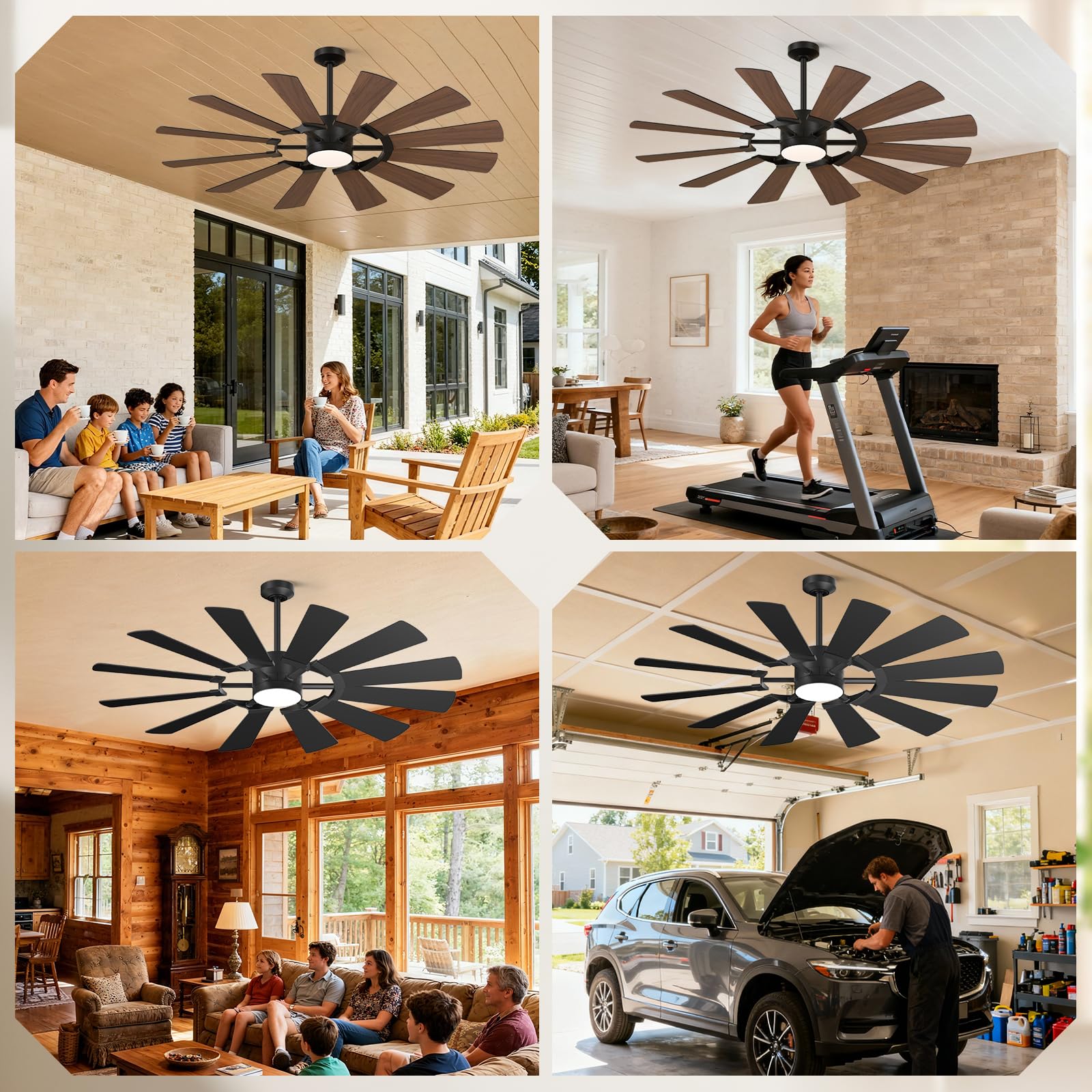 62 Outdoor Farmhouse Ceiling Fan with Lights 12 Blades Dual-Finish Wind Mill Fan 3 Downrods 6-Speed Reversible DC — view 9