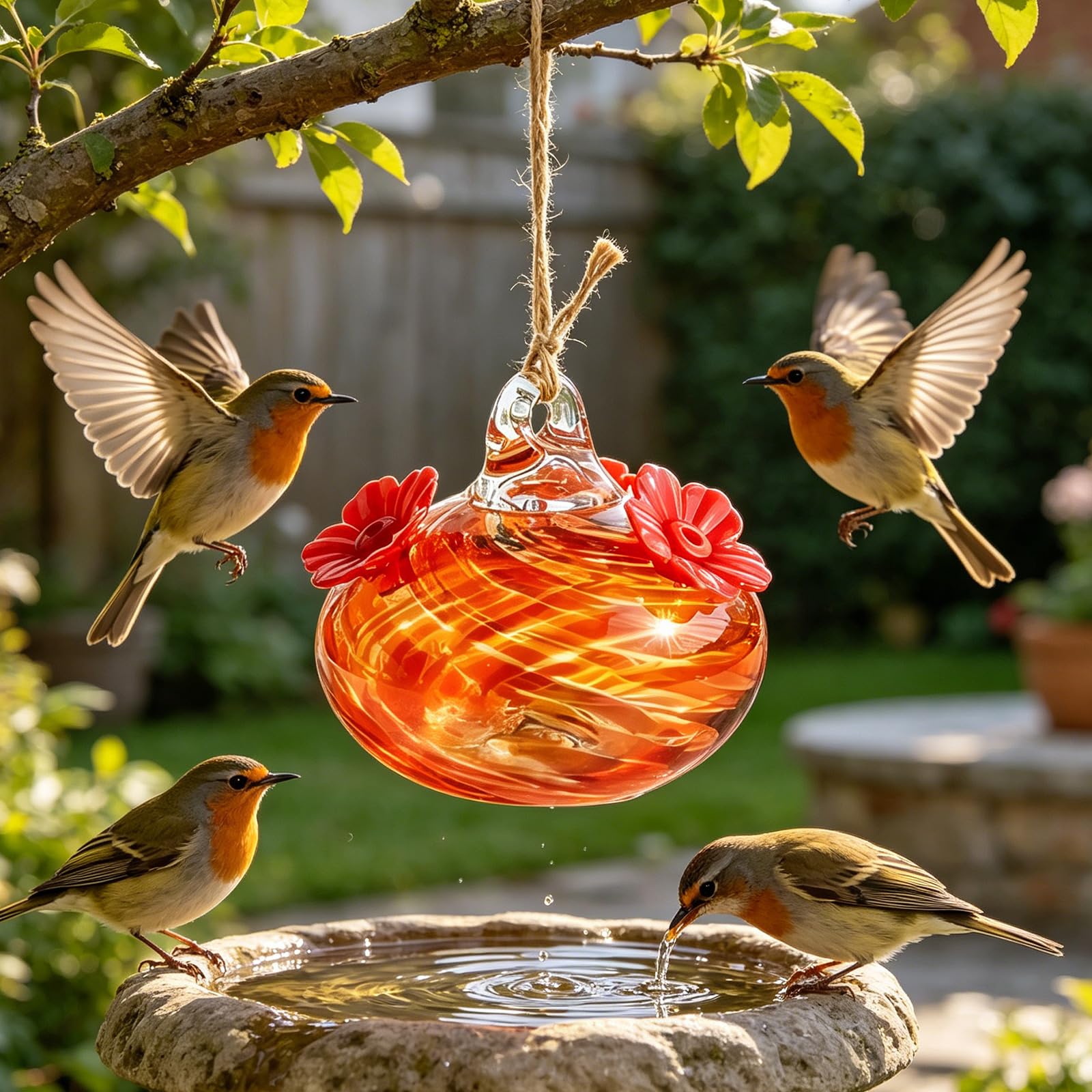 De 3 uds Dispensadores de Agua para pájaros de Vidrio Hechos a Mano para decoración de Patio con Estructura Resistente a Fugas, Bebedero para pájaros embadurnado a Mano