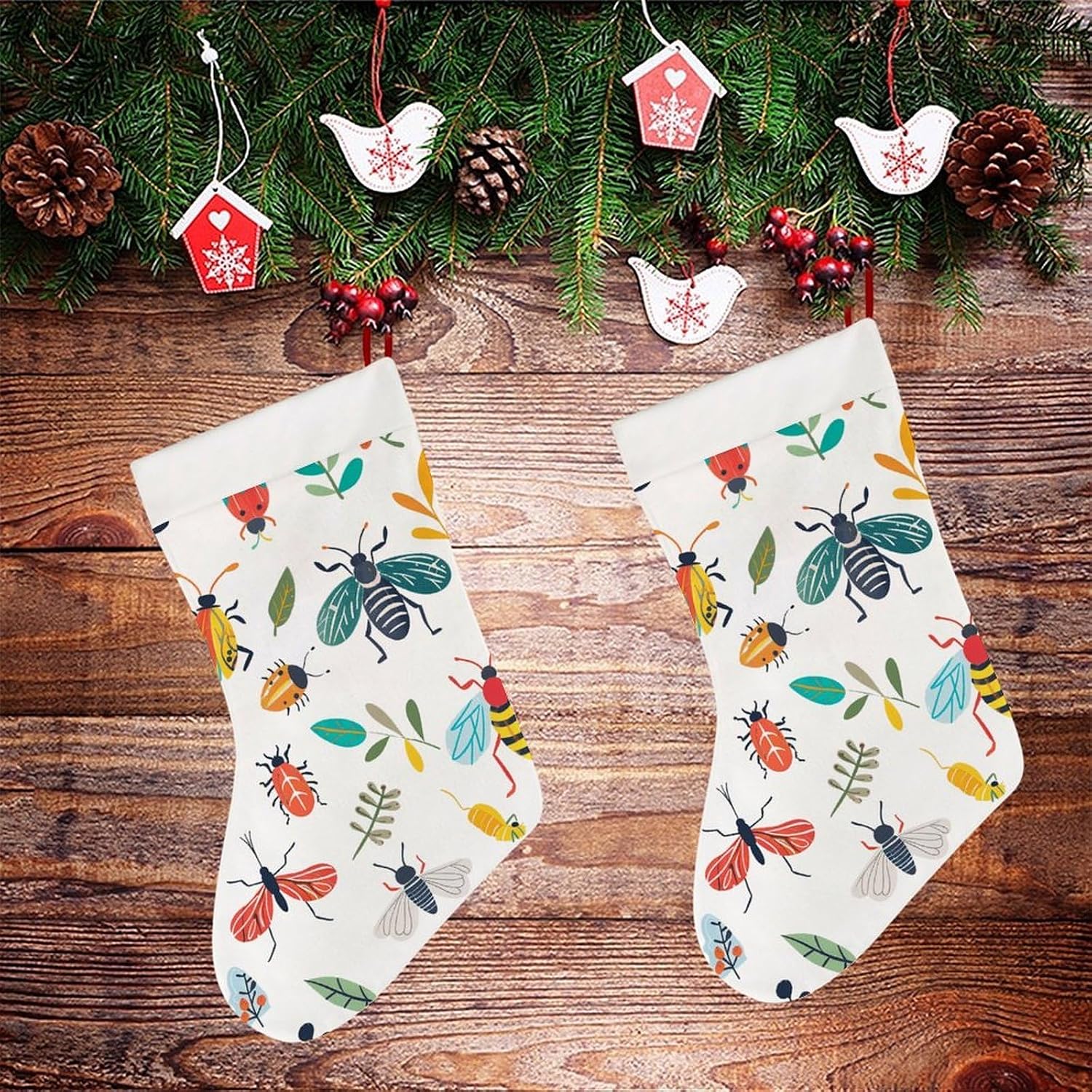 Bright Insect Pattern Christmas Stockings with 10.2 Inch Plush Cuff - 16.5 Inch Large Xmas Stockings for Fireplace Hanging, Traditional Holiday Decor for Family Christmas Party