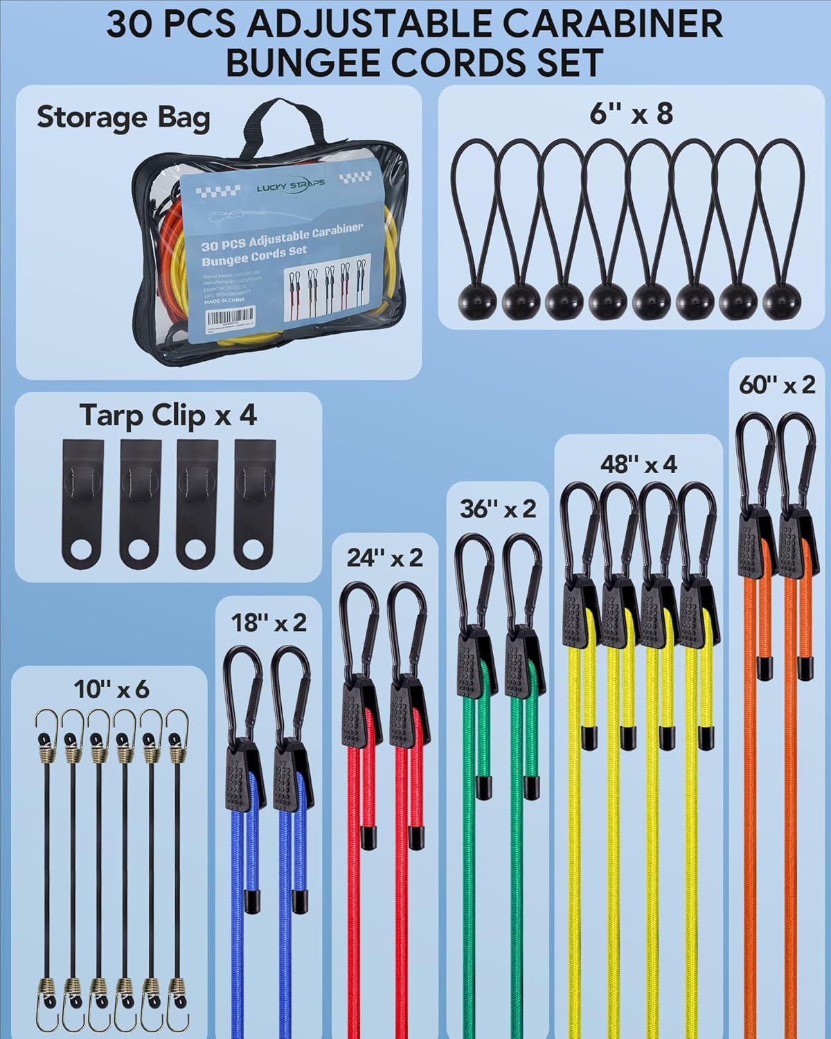30 Pcs Adjustable Carabiner Bungee Cords Assorted Sizes, Includes 18'' 24'' 36'' 48'' 60" Bungee Straps with Hooks, 10" Mini Bungee Cord, 6" Ball Bungees and Tarp Clips, Great for Cargo, Bike, Cart - Image 6