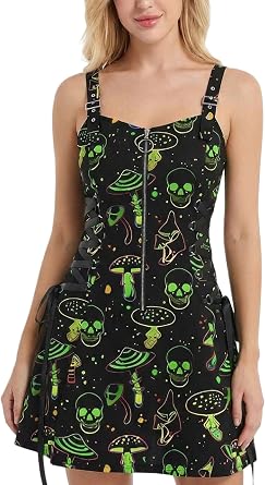 DRESSFO Womens Gothic Buckle Strap Mini Dress Lace Up Zipper Dress in Multiple Prints