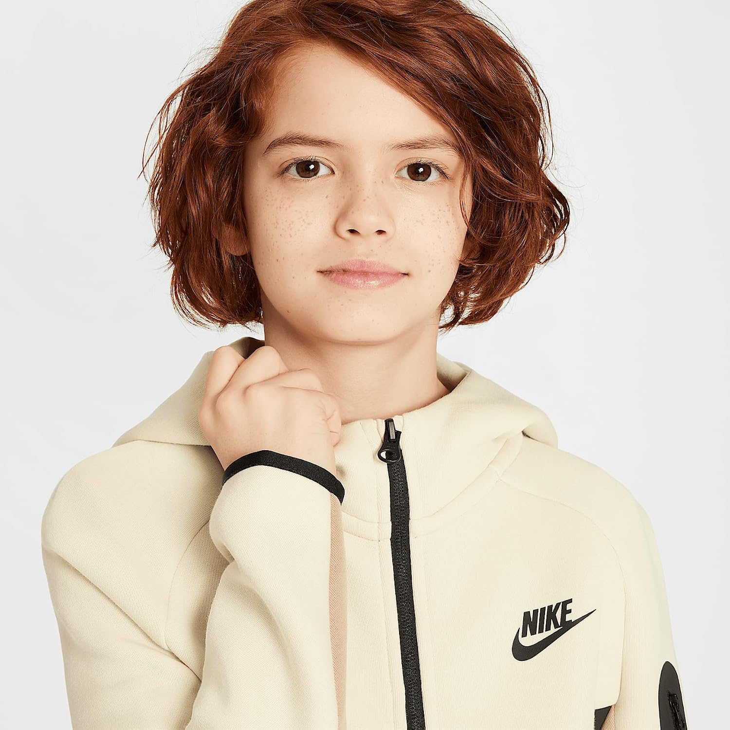 Nike Sportswear Tech Fleece Big Kids' Full-Zip Hoodie (HV5867-297, Parachute Beige/Light Khaki/Black/Black) Size Large