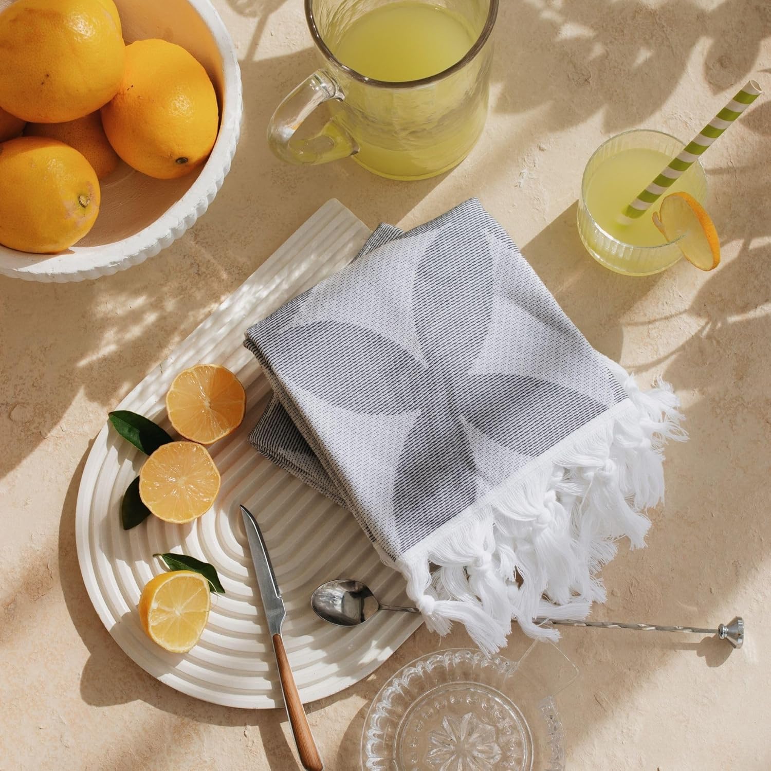 Turkish Cotton Hand Towels Set of 2 – Decorative Kitchen & Bathroom Towels with Woven Front and Terry Backing (Geometric Bloom Grey) - Image 3