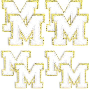 8Pcs Iron on Letter M Chenille Patches, Gold Glitters Border Varsity Chenille Embroidered Patches 3 Inch White Letter Patch, Alphabet Sew on Decoration Applique Supplies Clothing Cap T-Shirt DIY