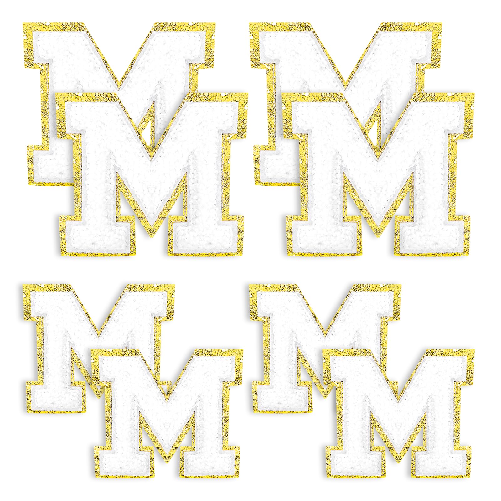 8Pcs Iron on Letter M Chenille Patches, Gold Glitters Border Varsity Chenille Embroidered Patches 3 Inch White Letter Patch, Alphabet Sew on