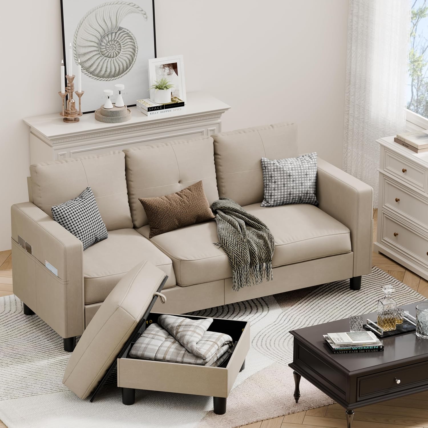 Walsunny sectional sofa with ottoman storage open and side pockets visible