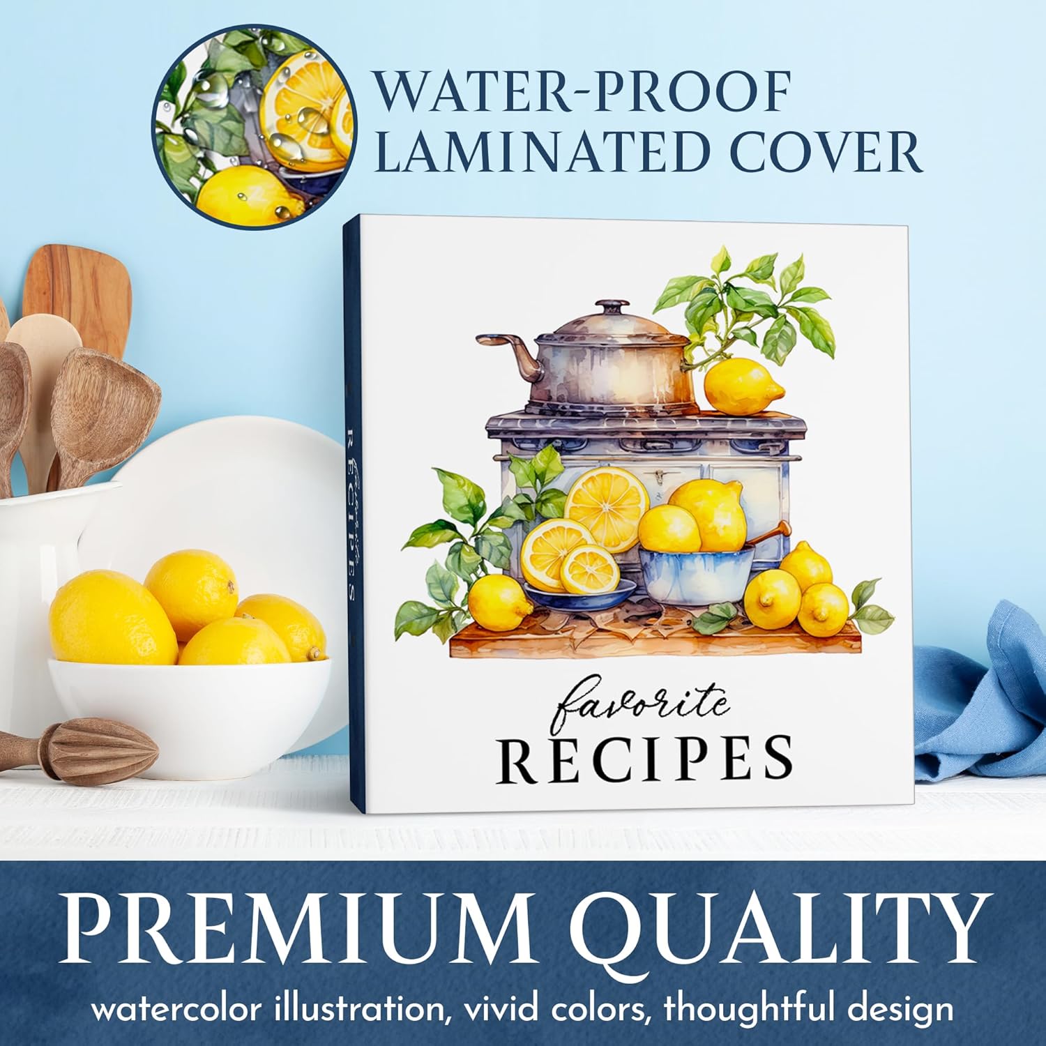 Vintage Kitchen Recipe Binder - 11x12" White and Blue with Pots & Lemons Design - 25 Recipe Sheets, 25 Protective Pages, 12 Color Dividers, Conversion Chart, "Favorite Recipes" Cover