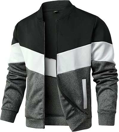 Mens Lightweight Varsity Jacket Color Block Stand Collar Coat