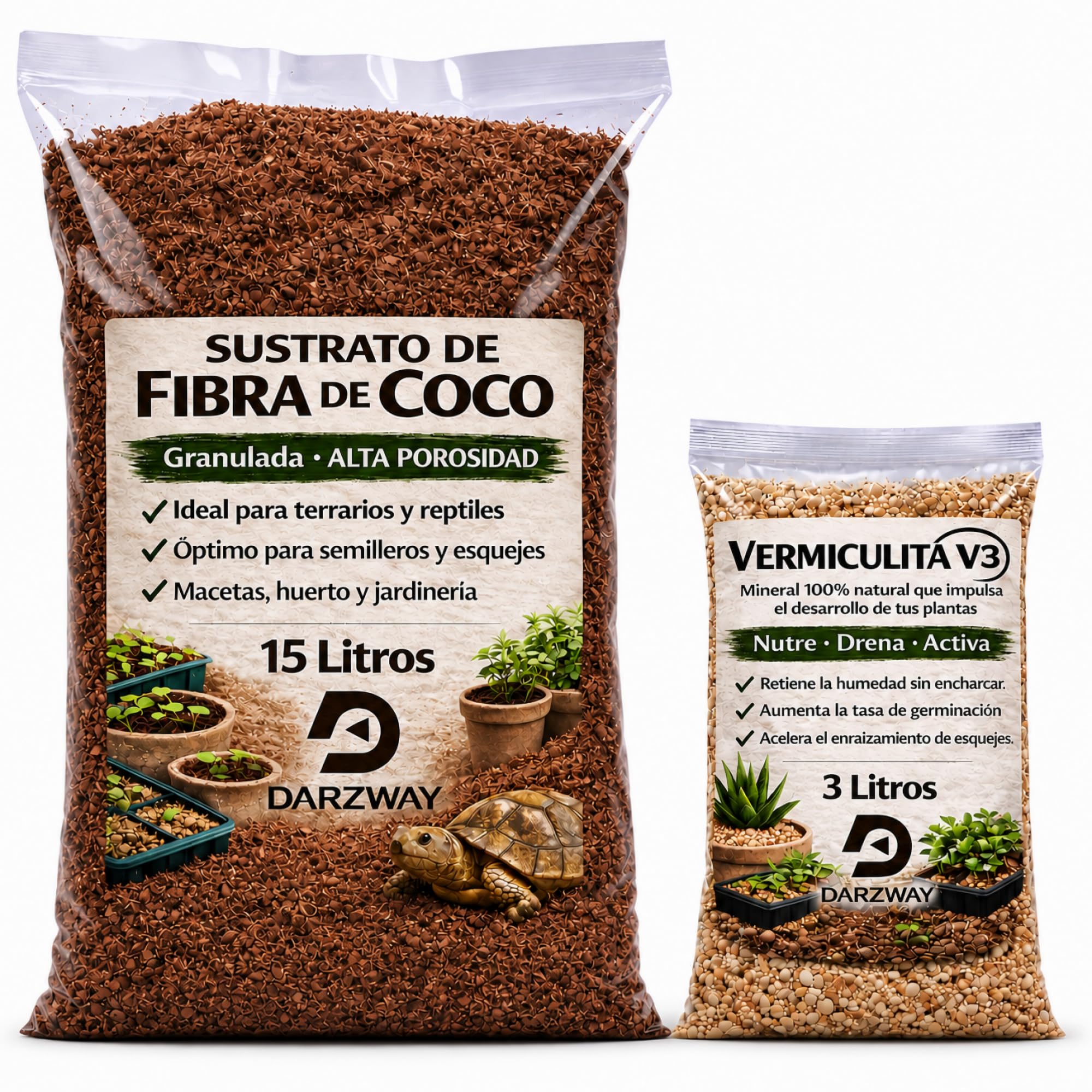 Fibra de Coco 15 L + Vermiculita 3 L – Sustrato para Plantas, Semilleros y Macetas – Huerto Urbano y Cultivo – Retiene Humedad y Mejora Aireación – Apto para Terrarios y Reptiles (15 litros)
