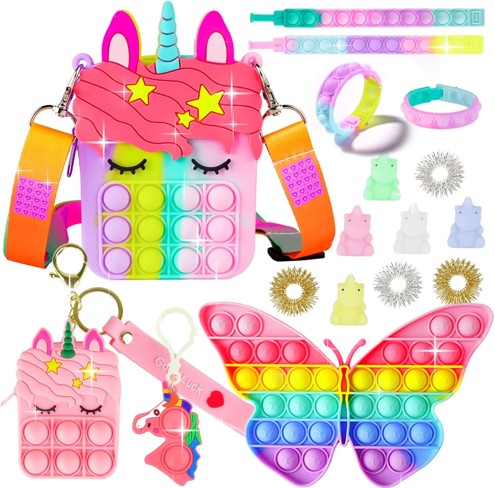 Alldriey Pop Purse Pack Toy, Unicorn Rainbow Shoulder Crossbody Small Mini Little Keychain, 3 4 5 6 7 8 9 10 12 Year Old Birthday Gifts for Toddler Kids Girl, Christmas Stocking Stuffers