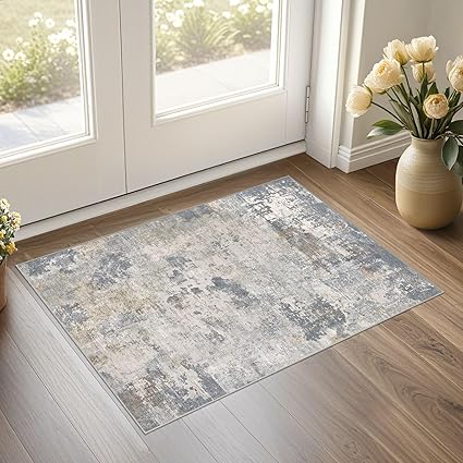 2x3 Entryway Area Rug: Washable Neutral Modern Abstract Small Rug - Non-Slip Low Pile Throw Indoor Carpet for Entrance Kitchen Front Door Mat Bathroom Entry Kids Room - Blue Grey
