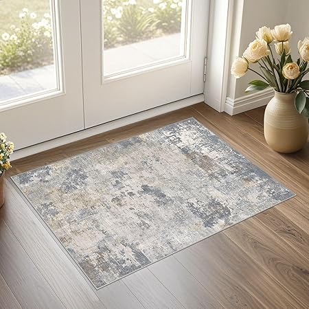 2x3 Entryway Area Rug: Washable Neutral Modern Abstract Small Rug - Non-Slip Low Pile Throw Indoor Carpet for Entrance Kitchen Front Door Mat Bathroom Entry Kids Room - Blue Grey