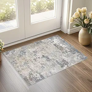 2x3 Entryway Area Rug: Washable Neutral Modern Abstract Small Rug - Non-Slip Low Pile Throw Indoor Carpet for Entrance Kitchen Front Door Mat Bathroom Entry Kids Room - Blue Grey