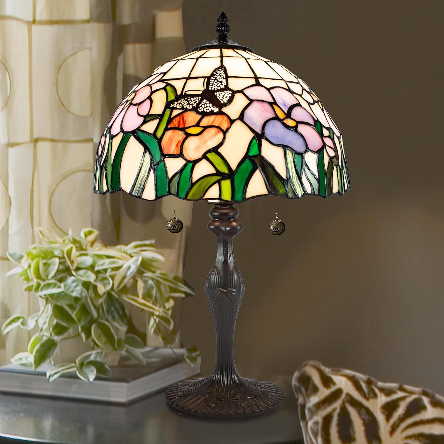 Dale Tiffany Traditional Tiffany Style Table Lamp 19.5" Tall Pazio Floral Butterfly Antique Bronze Finish Base Handcrafted Art Glass Shade for Home Décor, Living Room, Bed Room and Office