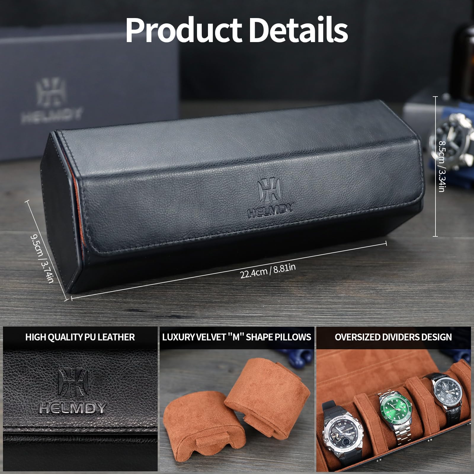 Estuche enrollable de reloj para hombres y mujeres, caja organizadora de relojes con 3 ranuras, almacenamiento hexagonal para 3 relojes, estuche portátil de viaje de piel sintética (negro | Caja de reloj de viaje portátil para reloj de 3, caja de reloj de