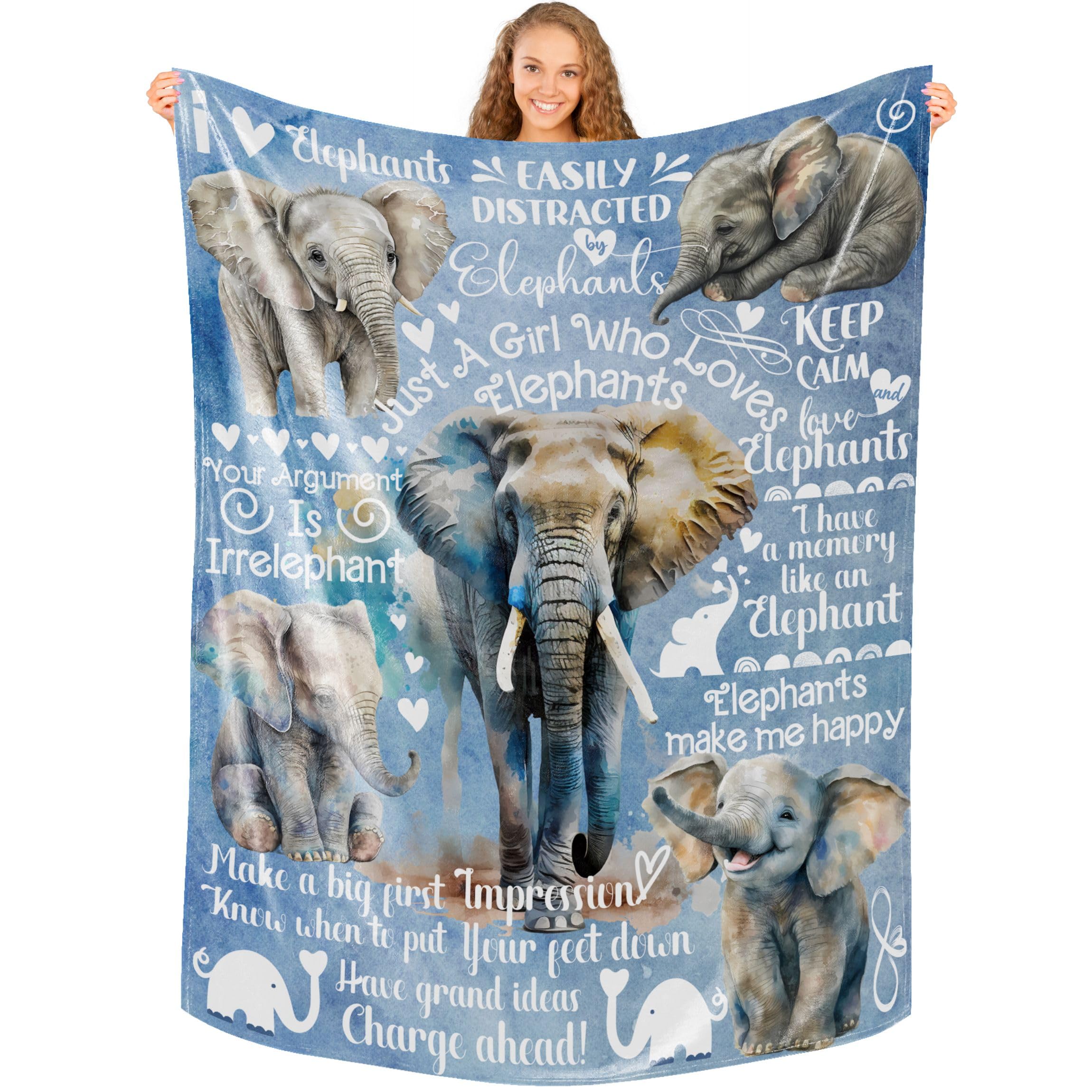 Elephant Gifts for Women, Just A Girl Who Loves Elephants, Throw Blanket for Sister, Daughter, Coworkers, Friends, Blue, 127x165cm