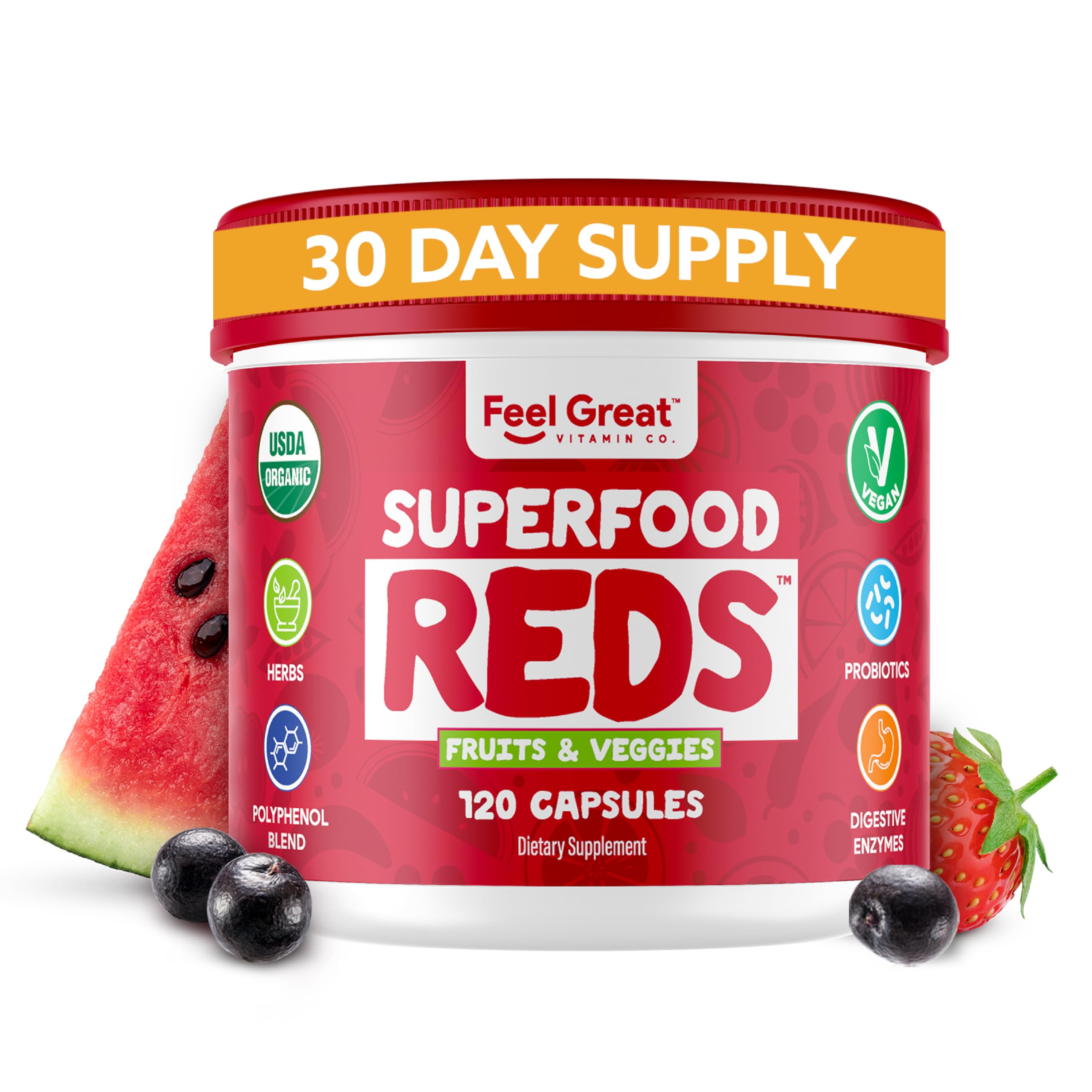 ​Feel Great Organic Super Reds Powder Superfood Capsules Polyphenols Supplement | Beet Root Capsules | Contains Milk Thistle, Green Tea & Much More | Probiotics and Digestives