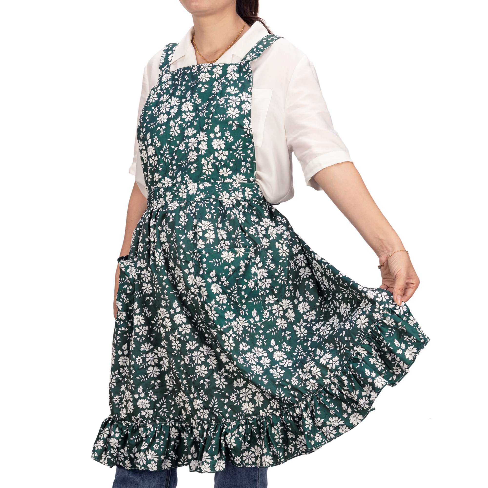 NEOVIVA Apron Dress for Women with Pockets, Cute Floral Chef Aprons for Kitchen, Vintage Pinafore Apron for Baking, Cooking