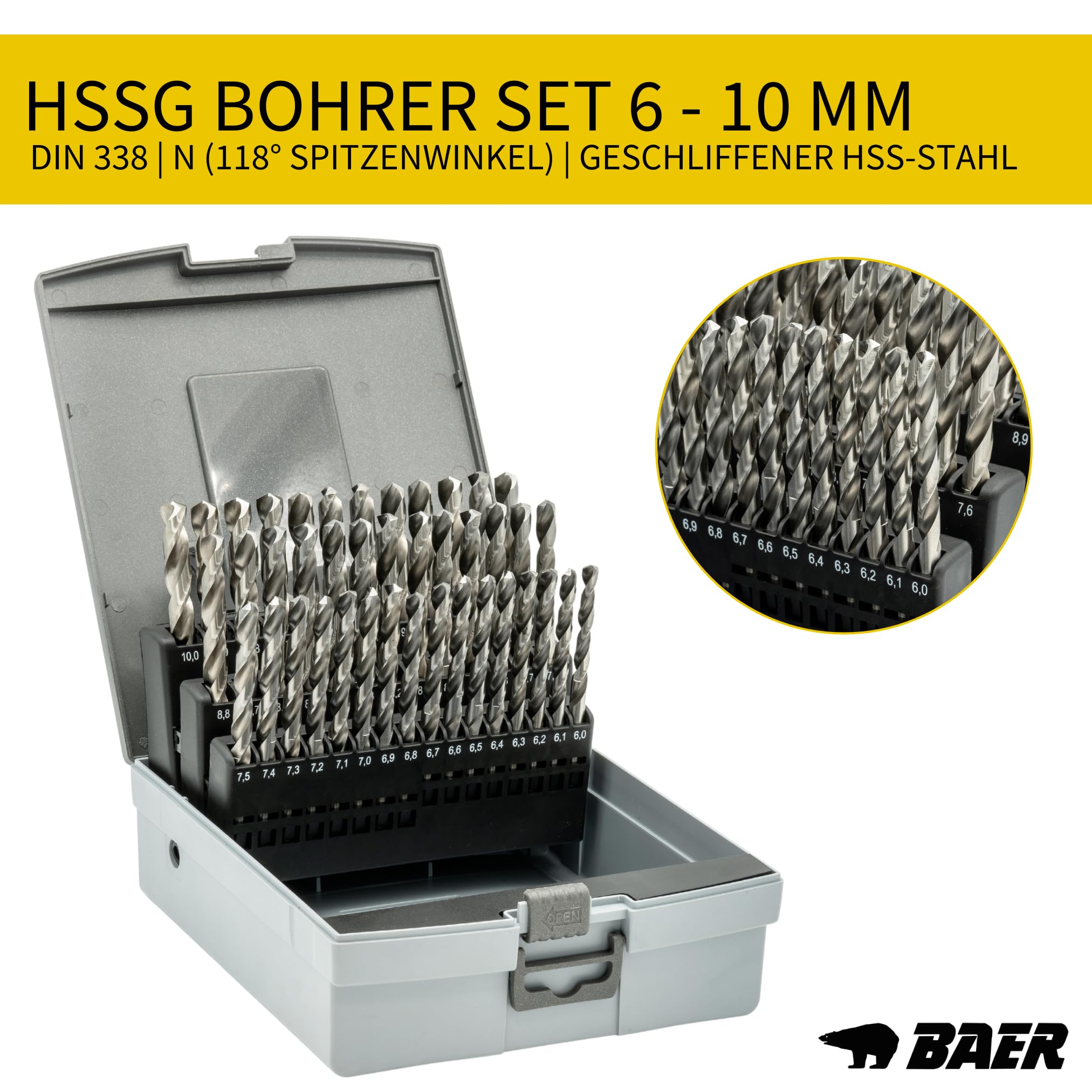 BAER Spiralbohrer Set 6-10 mm | 41-tlg. in 0,1 mm Schritten | HSSG DIN 338 | Metallbohrer Set geschliffen | Bohrerset Metall für Stahl, Guss & Stahlguss | Bohrer Set Metall in bruchsicherer Box