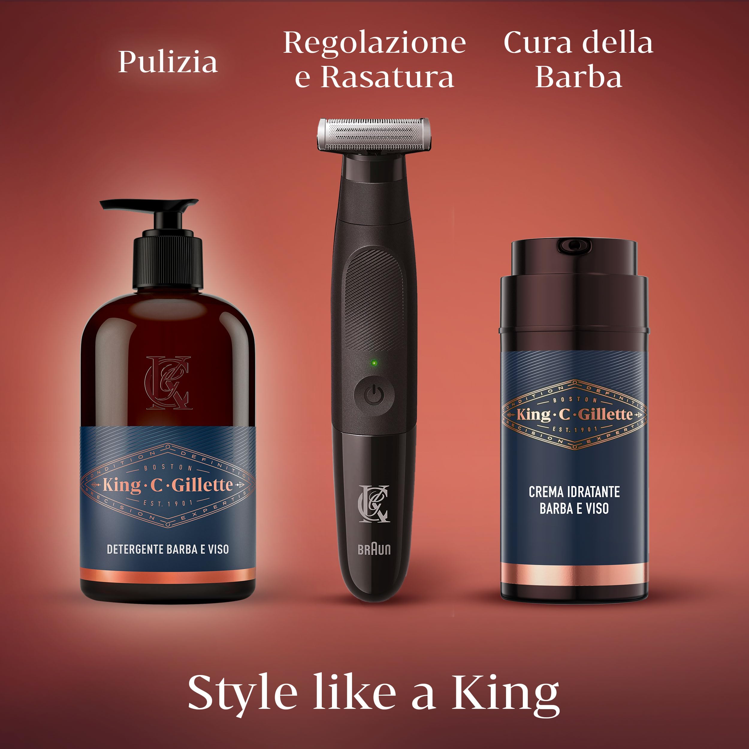 King C. Gillette Style Master, Regolabarba Uomo Senza Fili Per Regolare, Rifinire E Radere La Barba Incolta Con Lama 4D E Crema Idratante Barba E Viso Con Complesso Di Vitamina B3 E B5 100 ml
