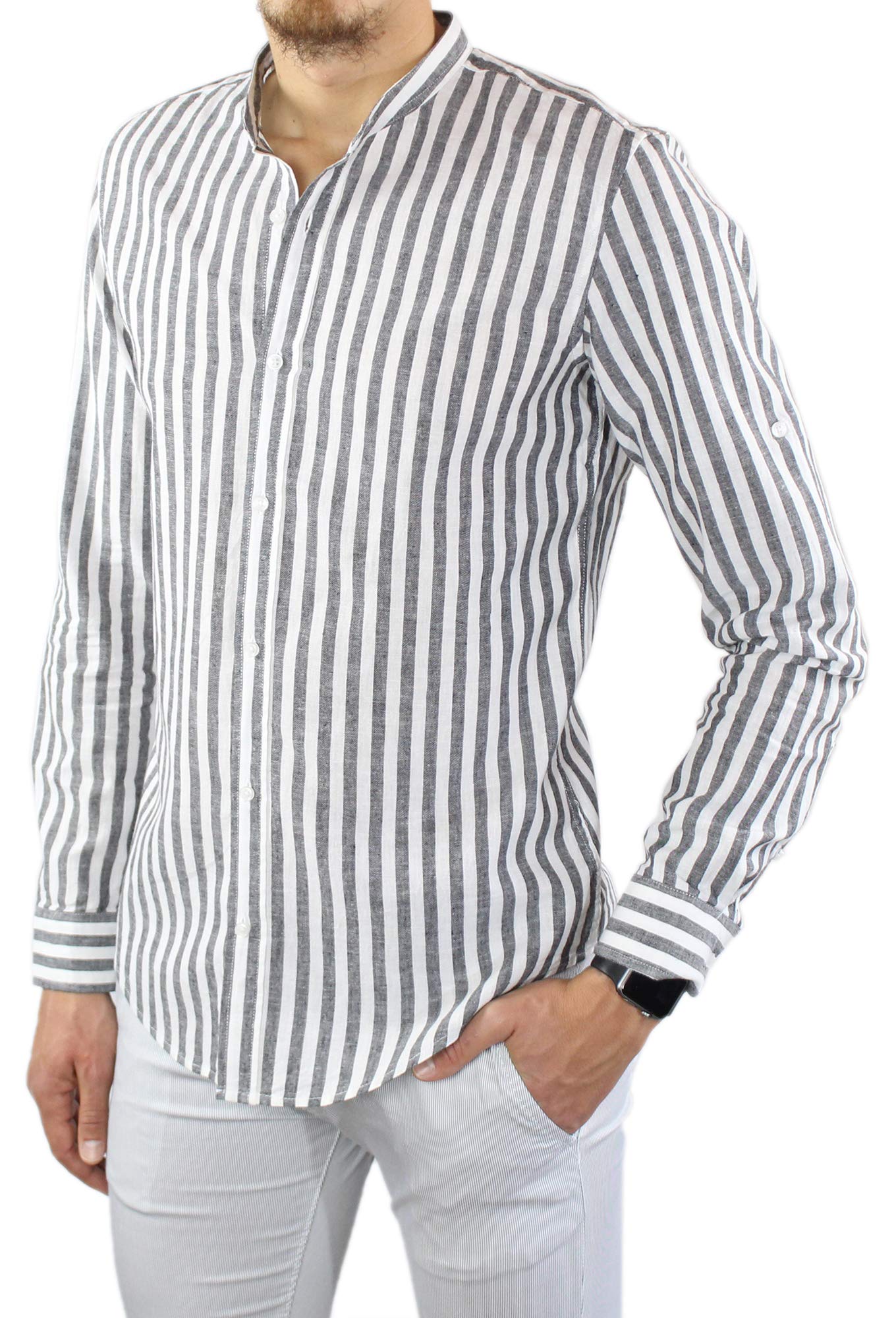 Camisa de lino para hombre Coreana a rayas negras de 100% lino Slim Fit elegante de manga larga a rayas
