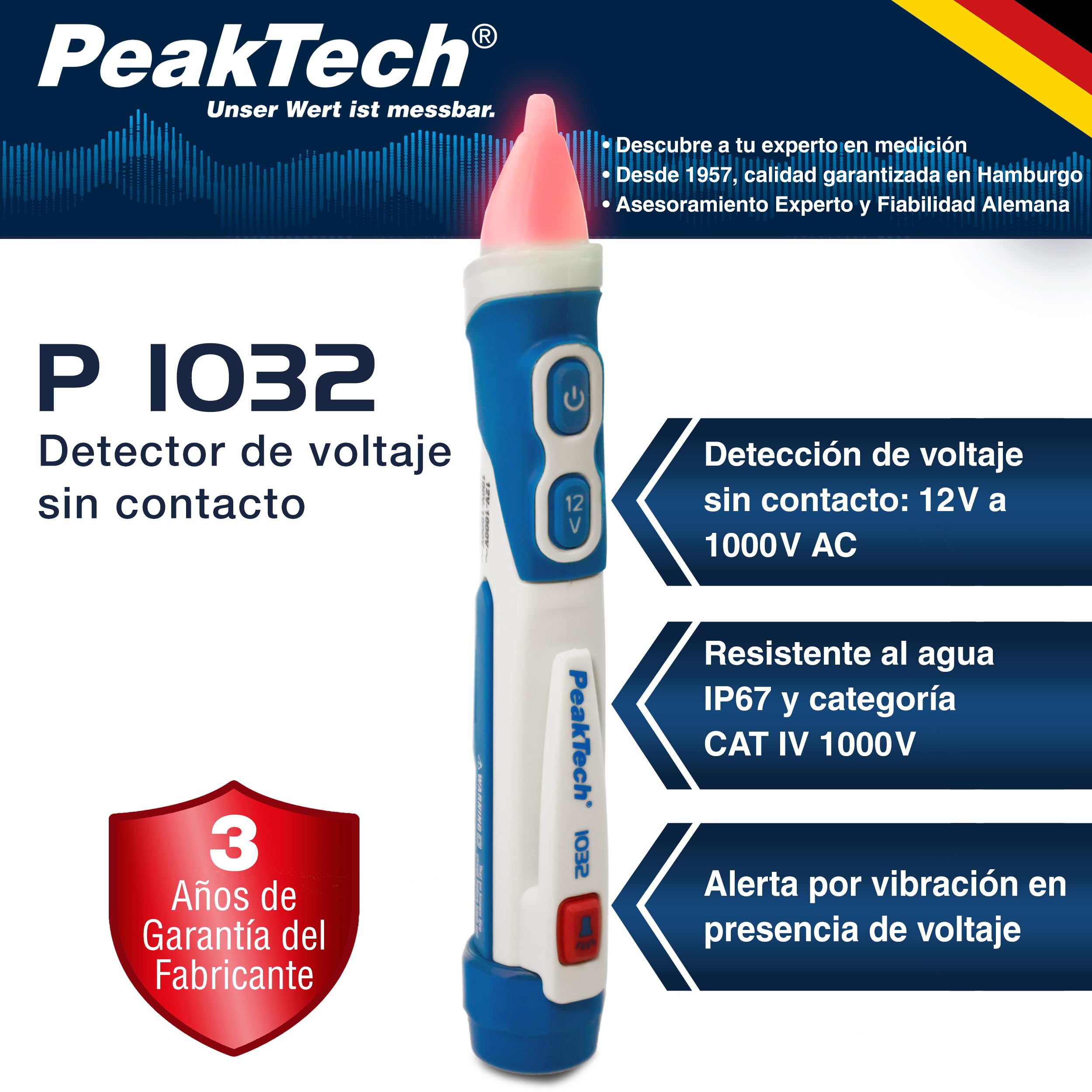 PeakTech, 1032 Comprobador de tensión CA sin contacto [+LED lámpara de señalización y vibración] 12-1000 V CA rango de funcionamiento, detector de línea, localizador de línea, comprobador de fase