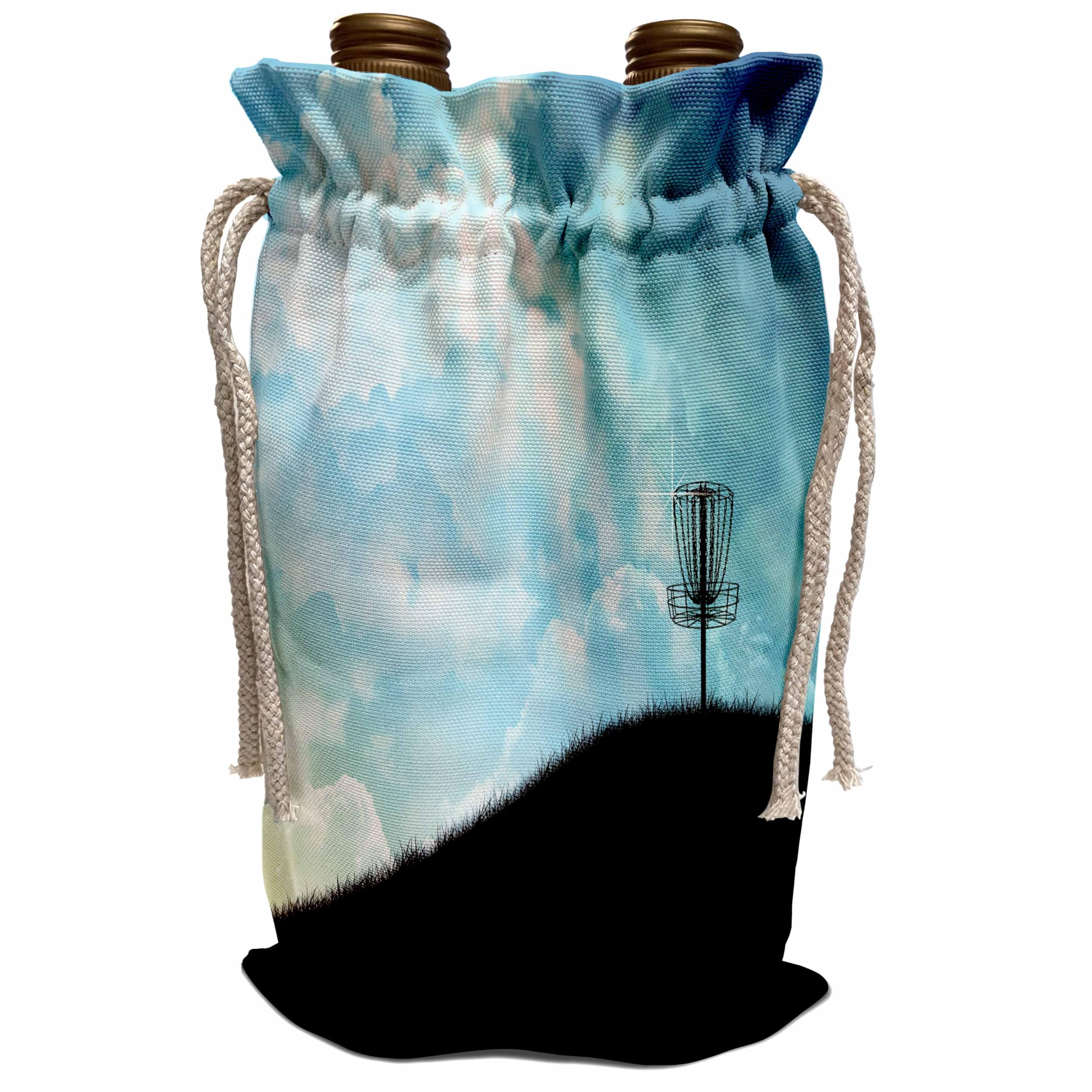 Wine Bag - Basket On A Hill - silhouette of a frisbee disc golf basket with chain on colorful hill Designs Disc Golf