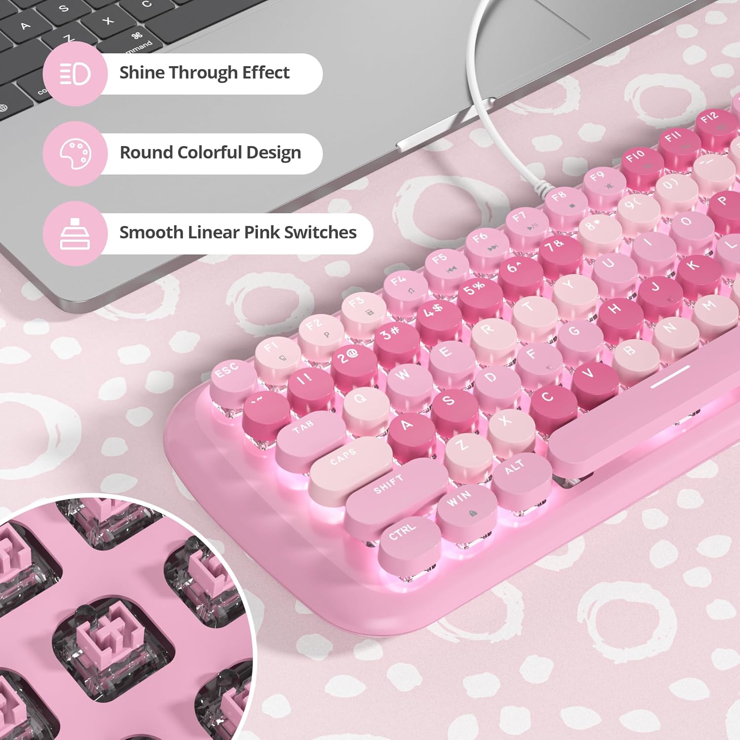 Pink Creamy Mechanical Gaming Keyboard, Aesthetic w/White Backlit, 84 Keys Cute Retro Typewriter Computer Keyboard Wired, Round Keycaps for Windows/PC/PS5