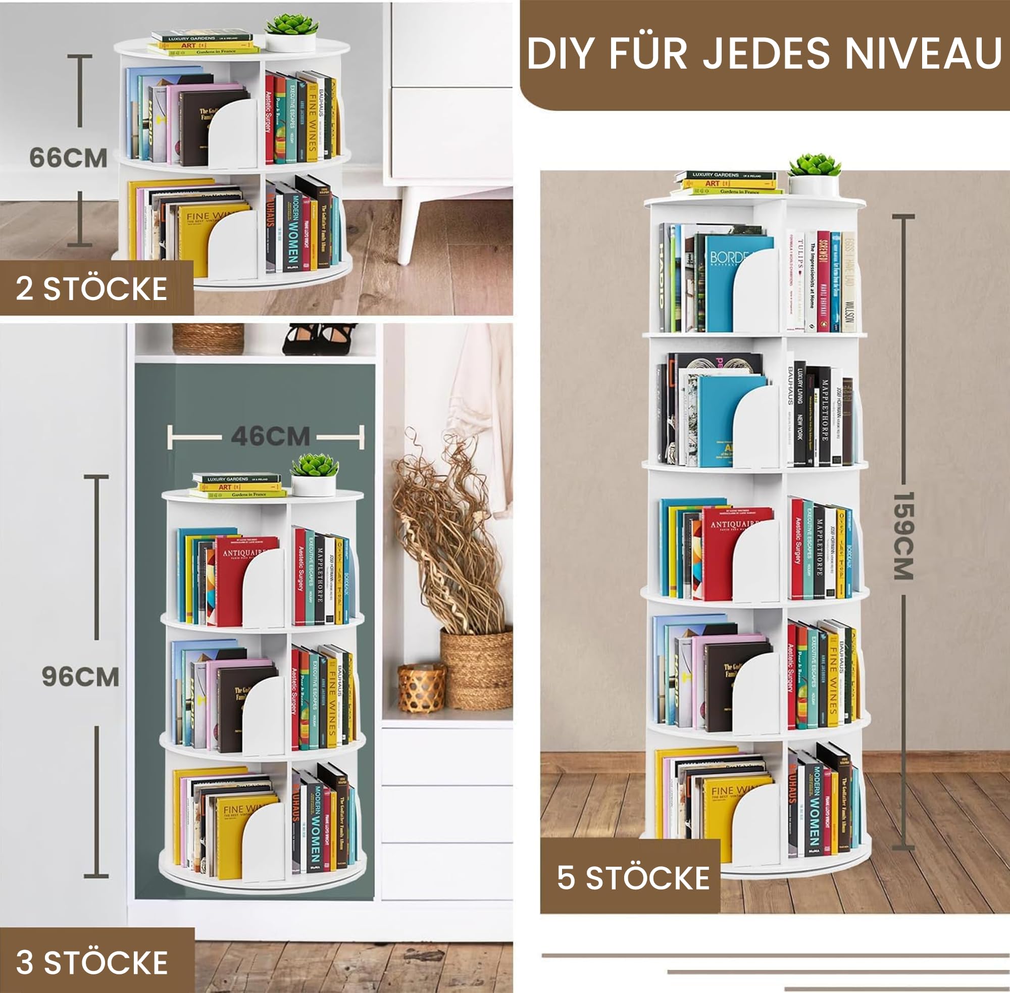 uyoyous Bücherregal, 360 Grad drehbar, Bücherregal aus Holz, 5 Ebenen, Bücherregal Möbel, Aufbewahrung, für Kinder und Erwachsene, Weiß