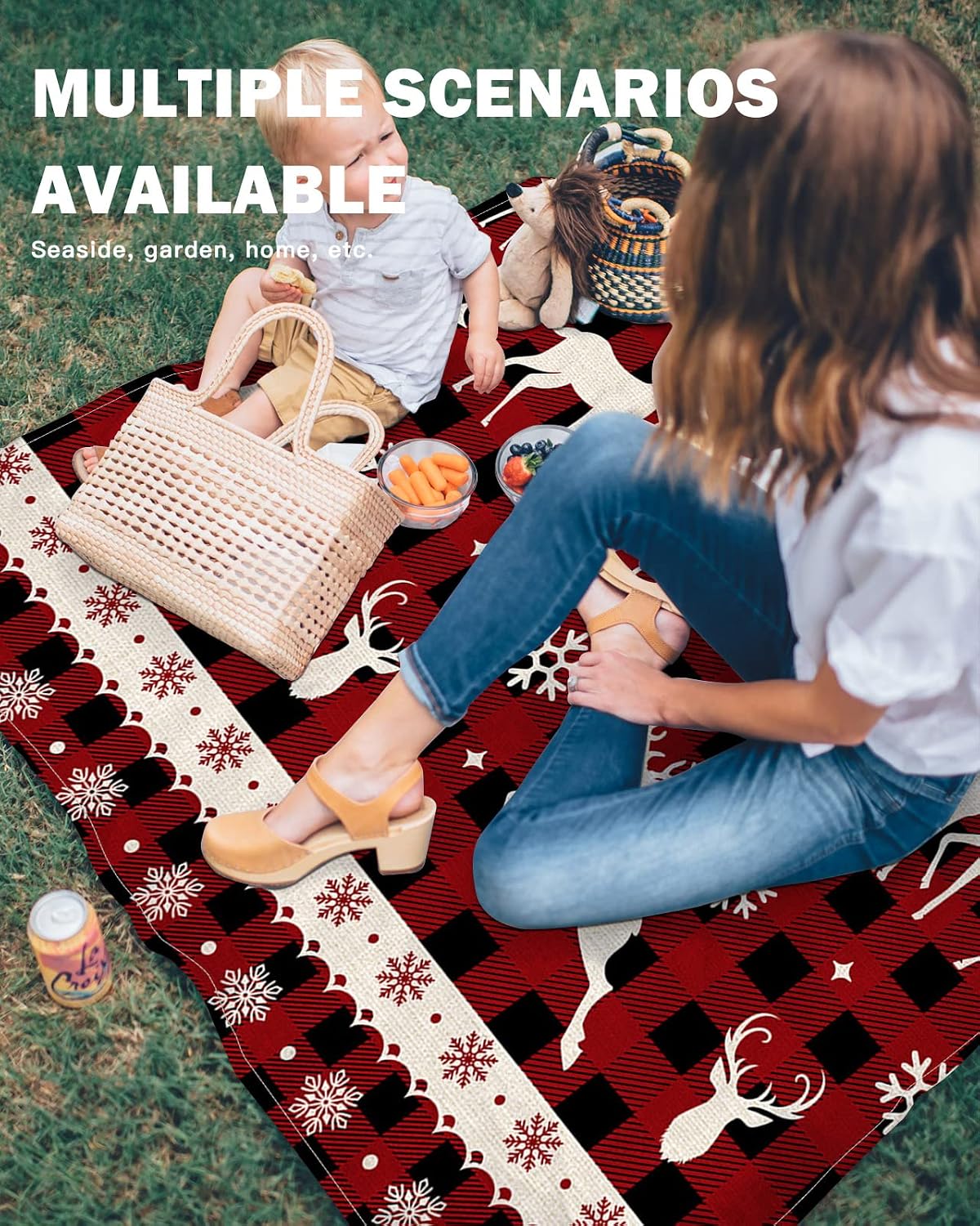 Beach Blanket, Christmas Trees Snowflake Elks Black and Red Plaid Buffalo Beach Mat 118"x108" Large Picnic Blanket,Sandproof Waterproof Outdoor Beach Blankets for Travel Camping Hiking Beach Vacation