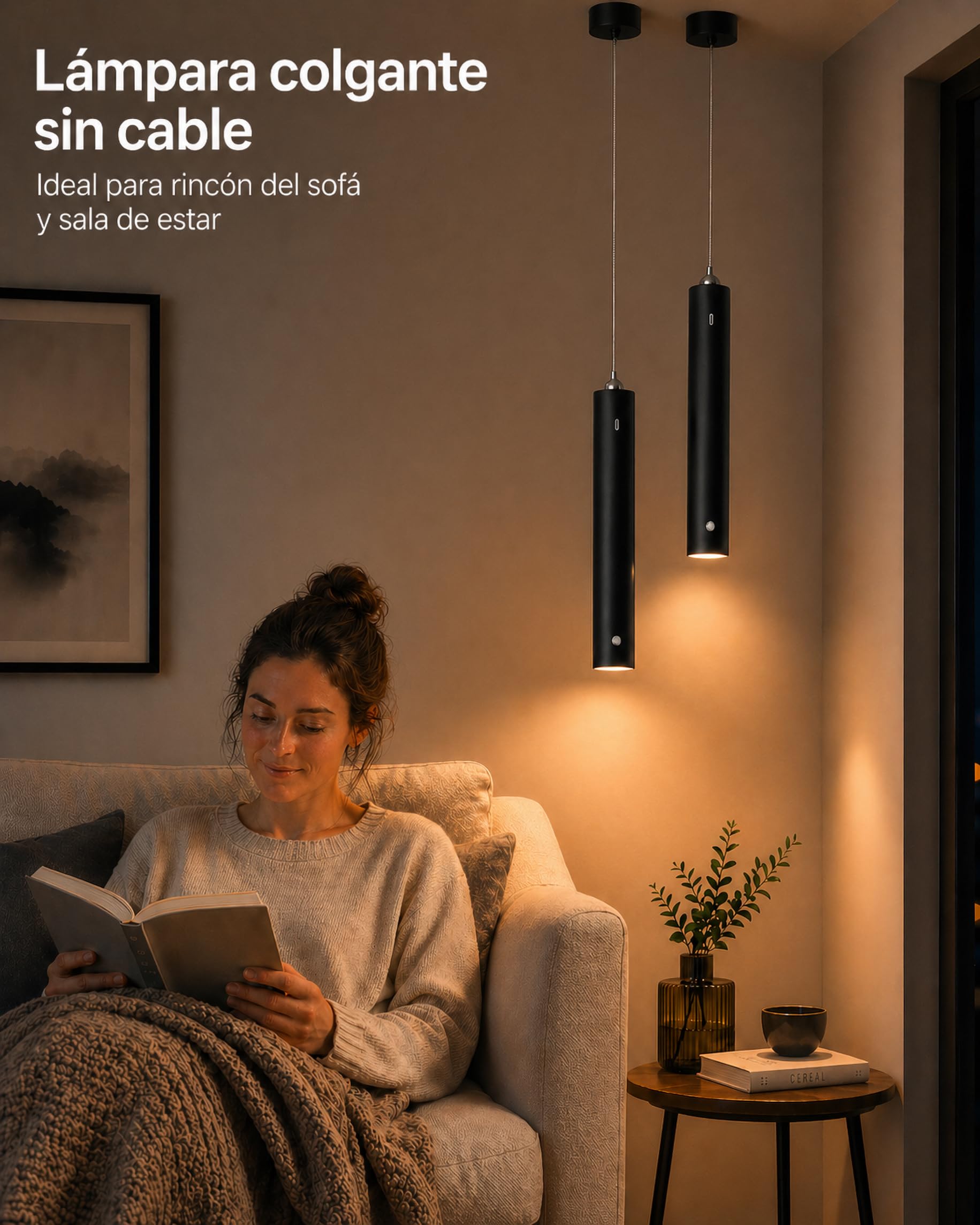 ACMHNC Lámpara Colgante con Bateria, Lámpara de Techo Colgante sin cable Moderno, 4500mAh Recargable USB, Mando a Distancia, Altura Regulable, Lamparas a Pilas Negro Para Cocina Dormitorio,Ø4x30cm