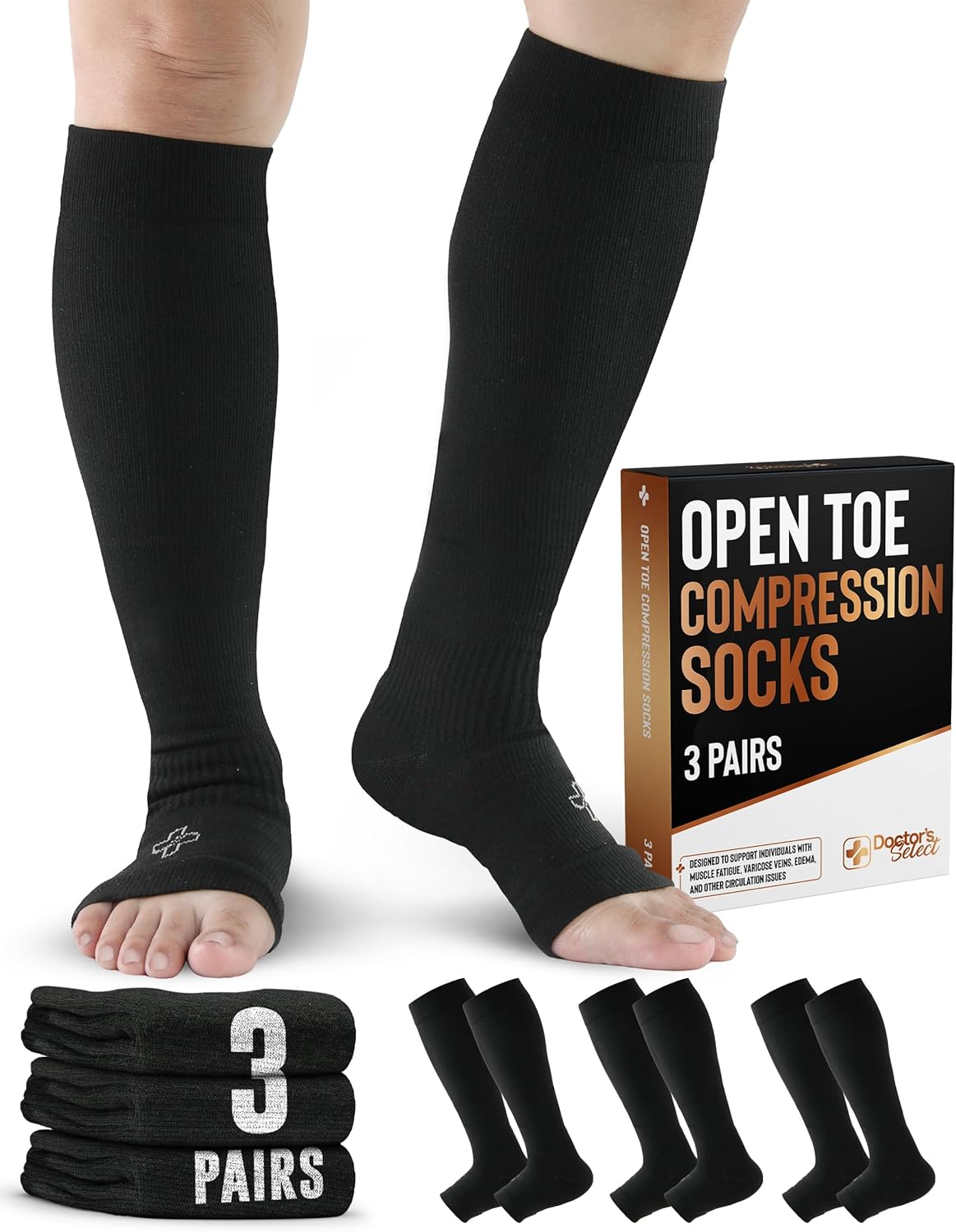 Doctor's Select 3 Pairs Copper Toeless Compression Socks for Men - 20-30 mmHg Open Toe Compression Socks Women, Toeless Socks, Knee High, Black Black - 3 Pairs Large-X-Large